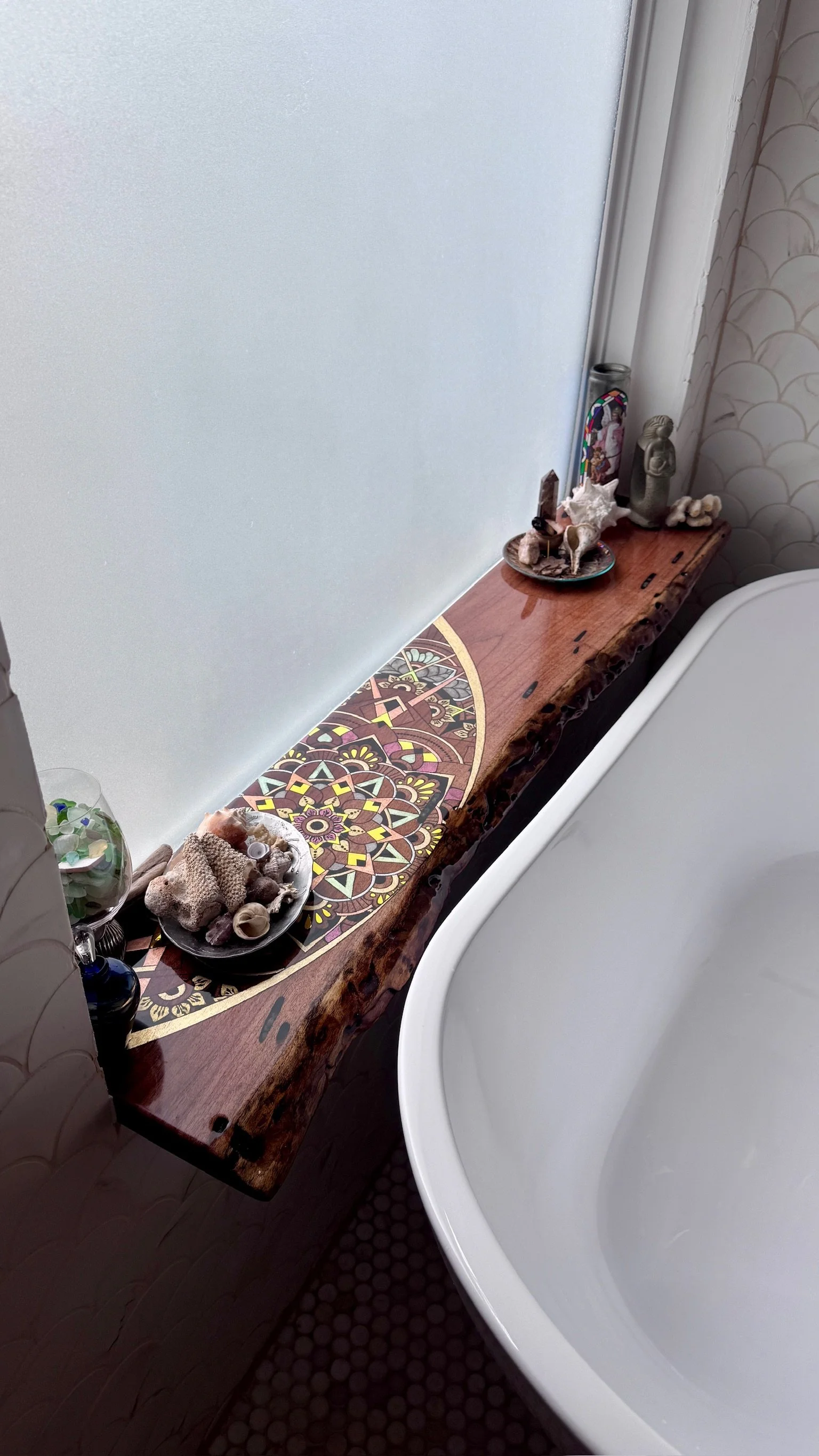 Bathroom windowsill shelf with holographic film and resin surface