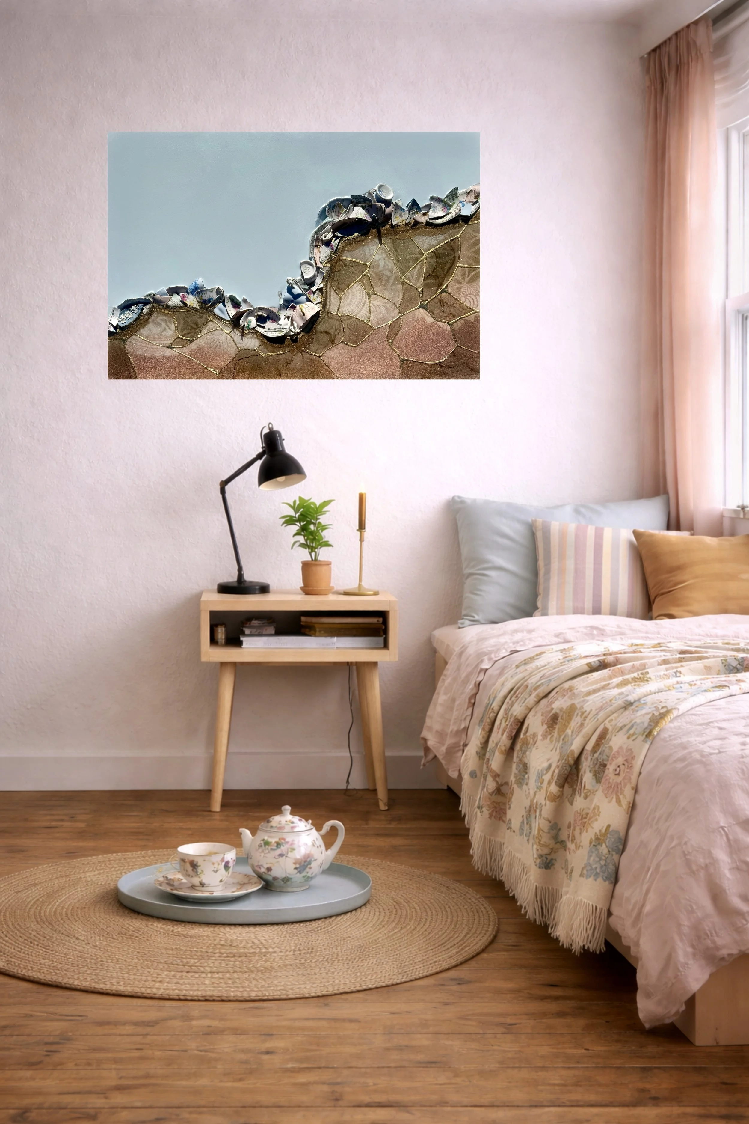 Vintage teacup wall art by Anne Shackelford displayed in a styled interior setting