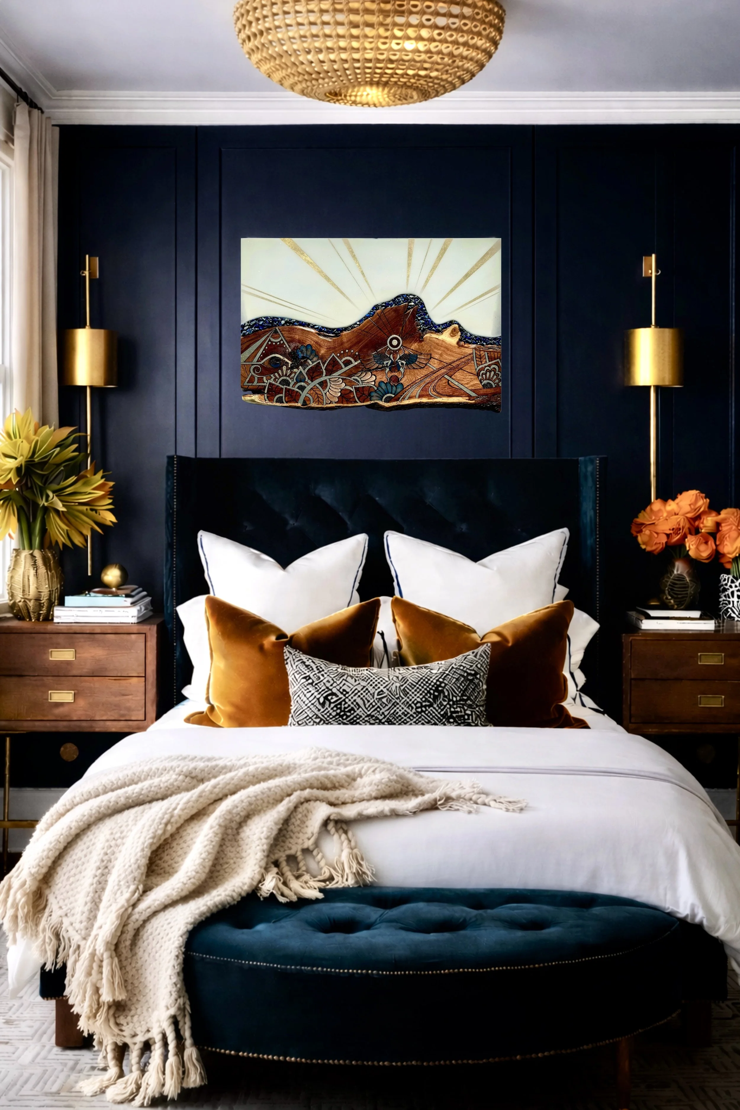 Saturn scarab wall art by Anne Shackelford displayed in a styled interior design setting
