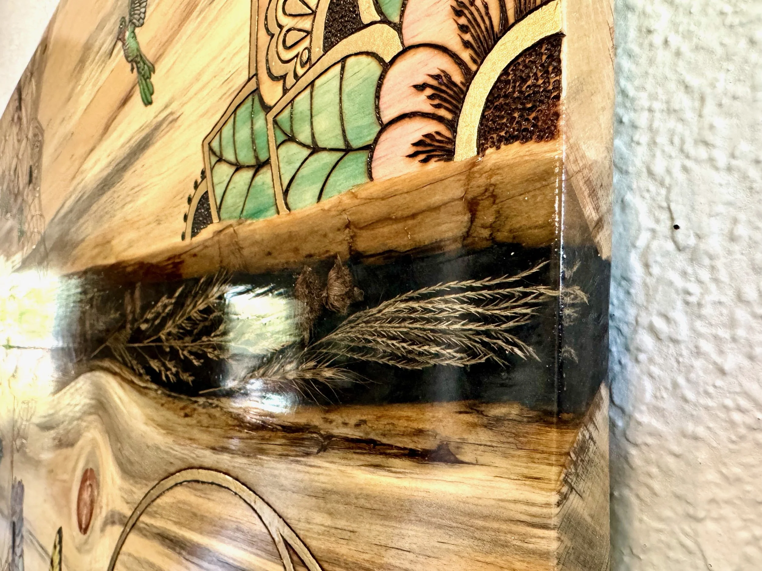 Beloved mixed media wall art by Anne Shackelford, aspen wood layered with resin, pigment, and botanicals.