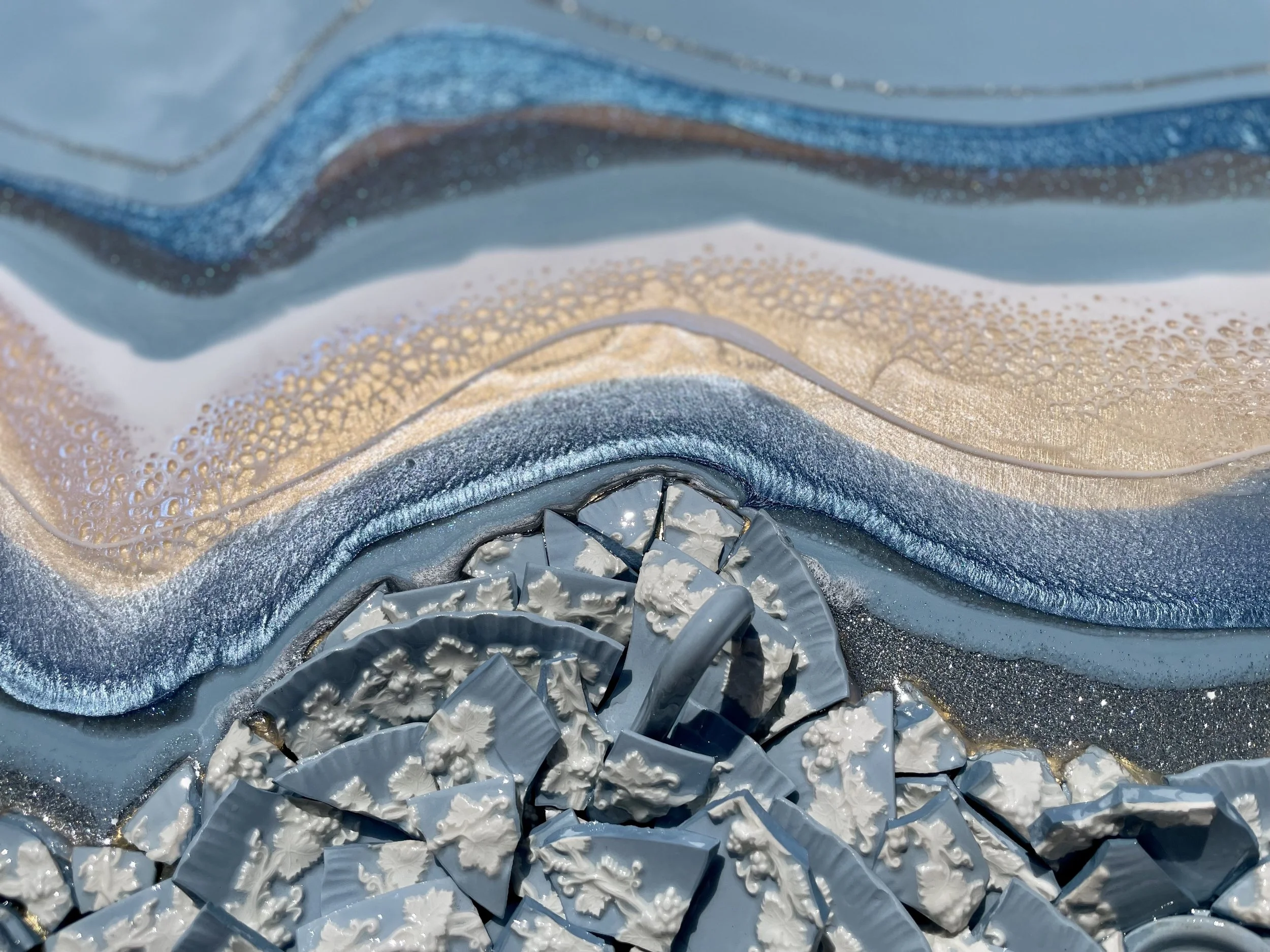 Detailed vintage china wall art with layered resin and gold leaf