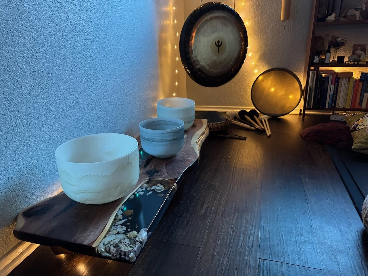 Handcrafted resin art table blending natural texture and reflective light.