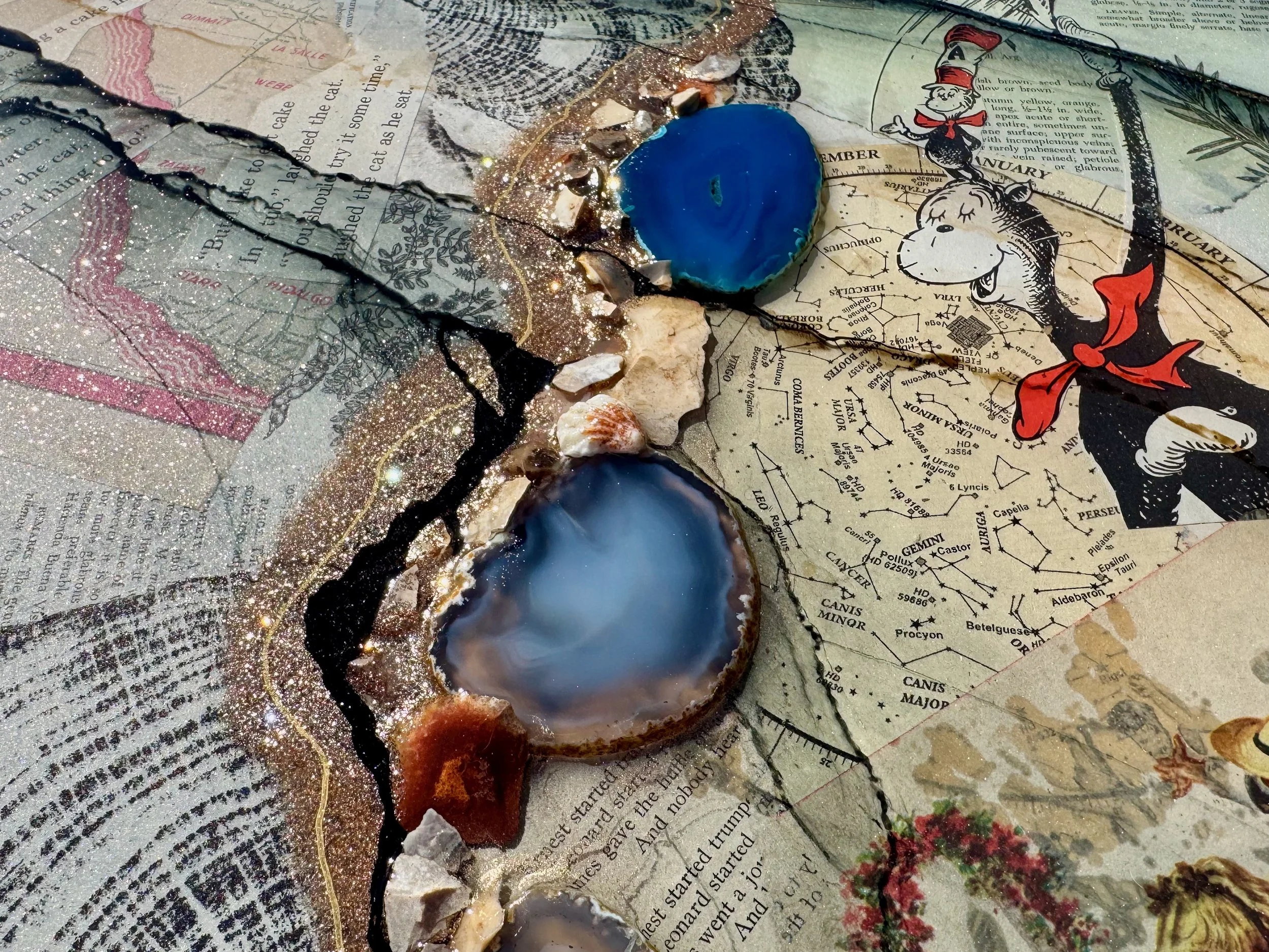 Contemporary wall art by Anne Shackelford incorporating text, natural elements, and pigment.