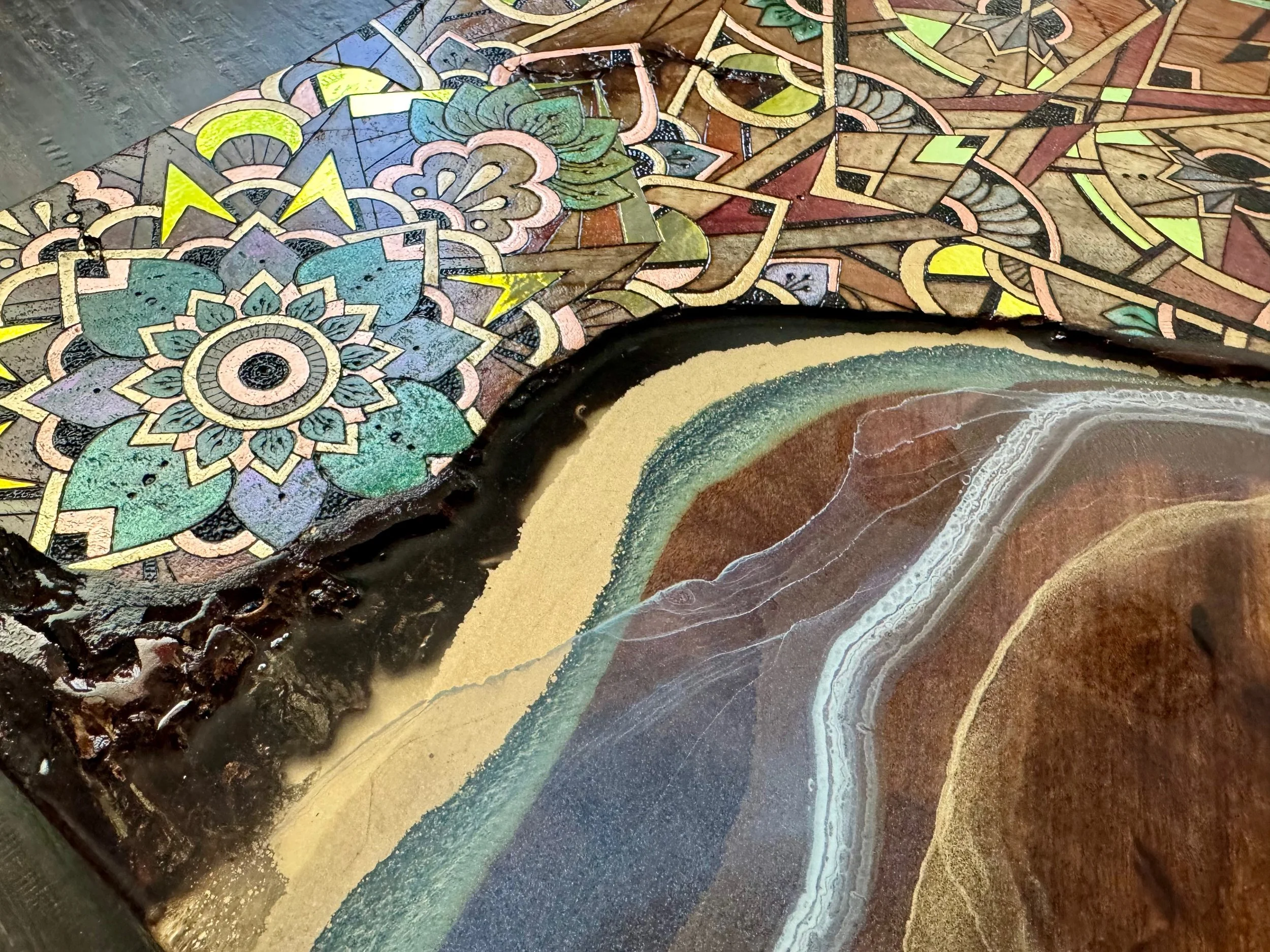 Floral mandala with shimmer pigment and resin edge, spiritual and natural art from Texas.
