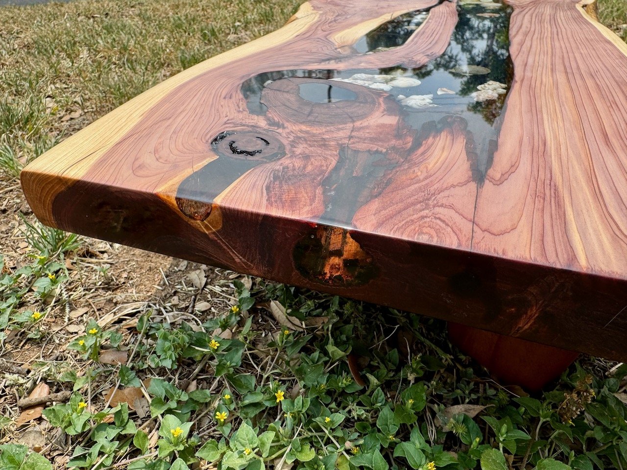 Anne Shackelford, Texas Juniper, handcrafted table, resin art, natural materials, shells, woodworking, Texas artist, functional art, organic design