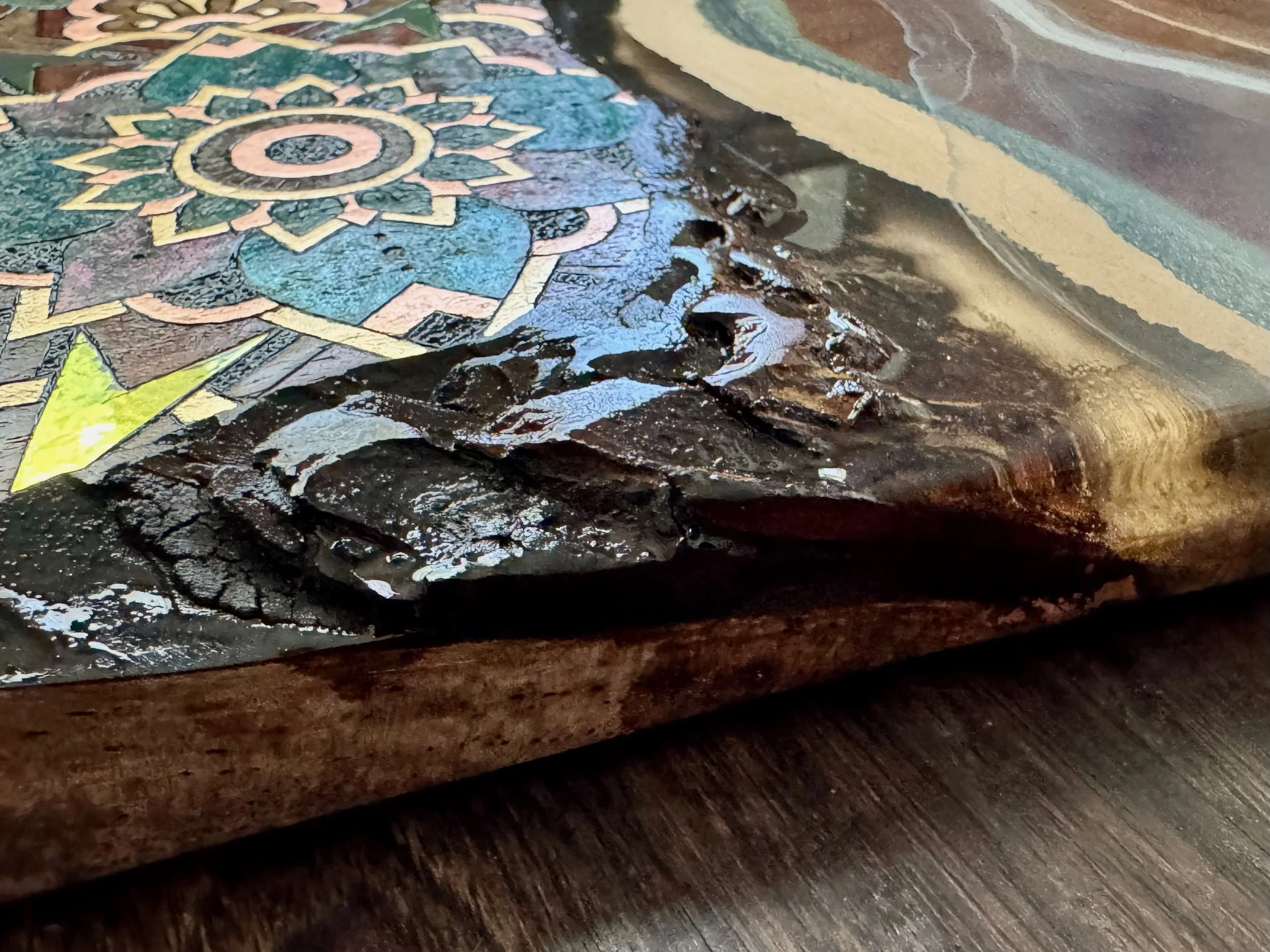 Harmonic sacred geometry with rich color and texture, visionary artwork from Texas Hill Country wood.