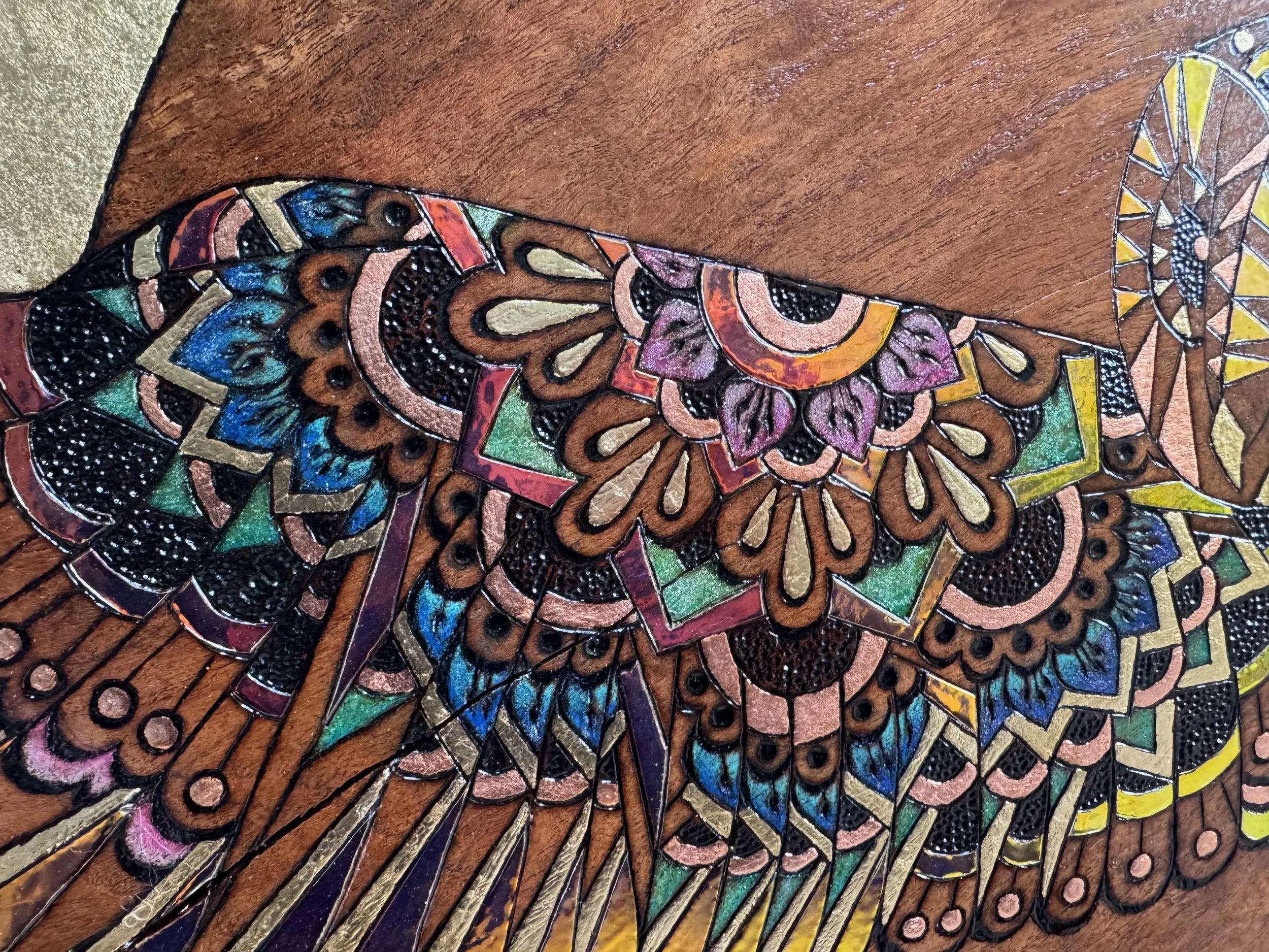 Emberwing pyrography and resin wall art by Anne Shackelford, part of the Firelight Collection.