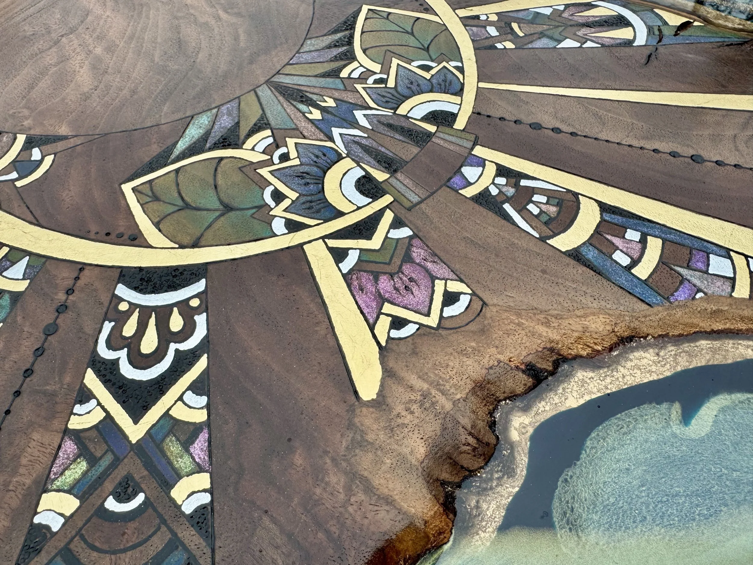 Mixed media wall art on walnut with resin and pigment