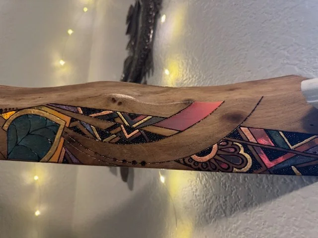 Close up of resin surface capturing shimmer and layered texture.