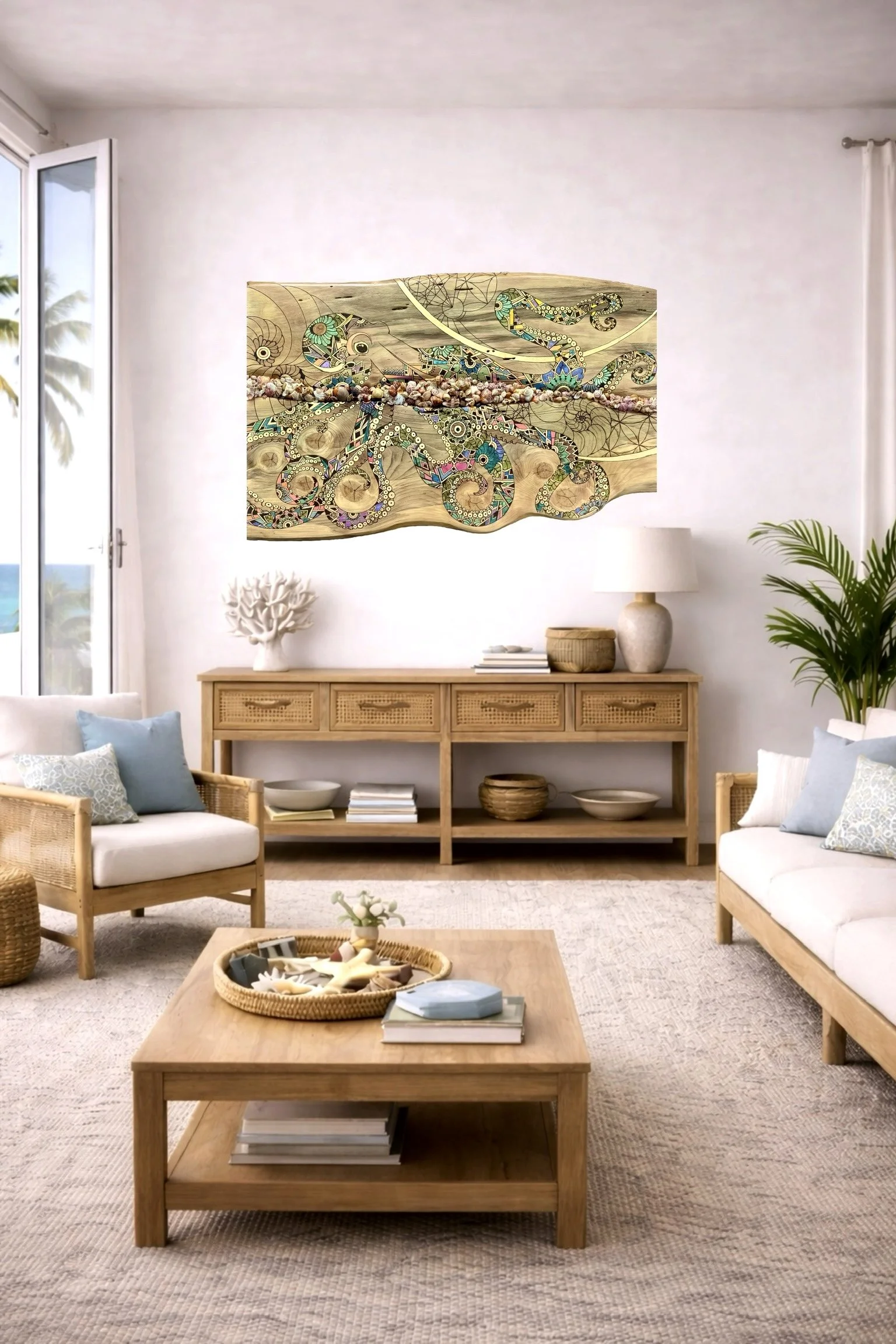 Textural complexity and rich symbolism define this mixed media celebration of aquatic elegance.