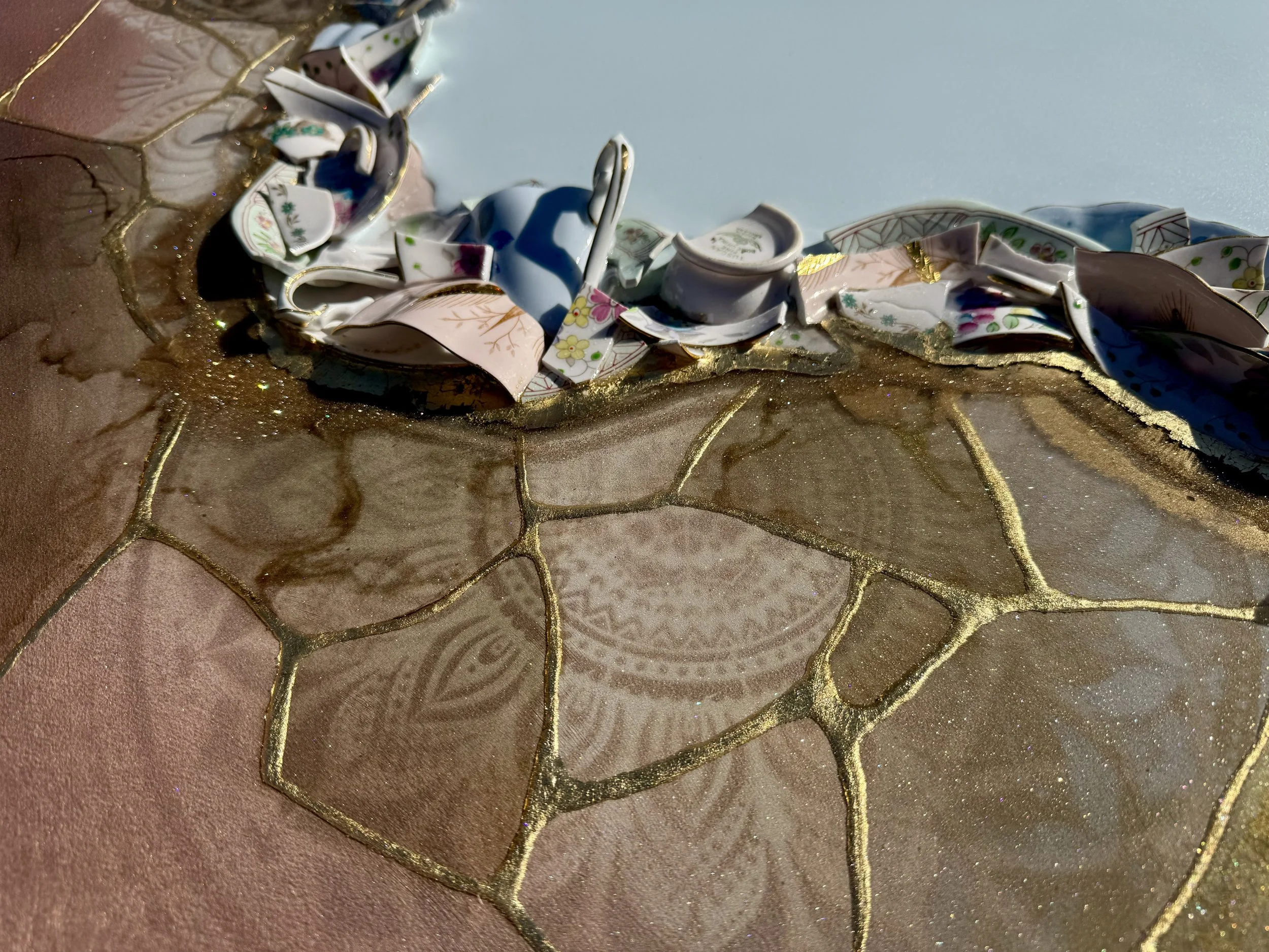 Mixed media wall art using vintage china and layered resin