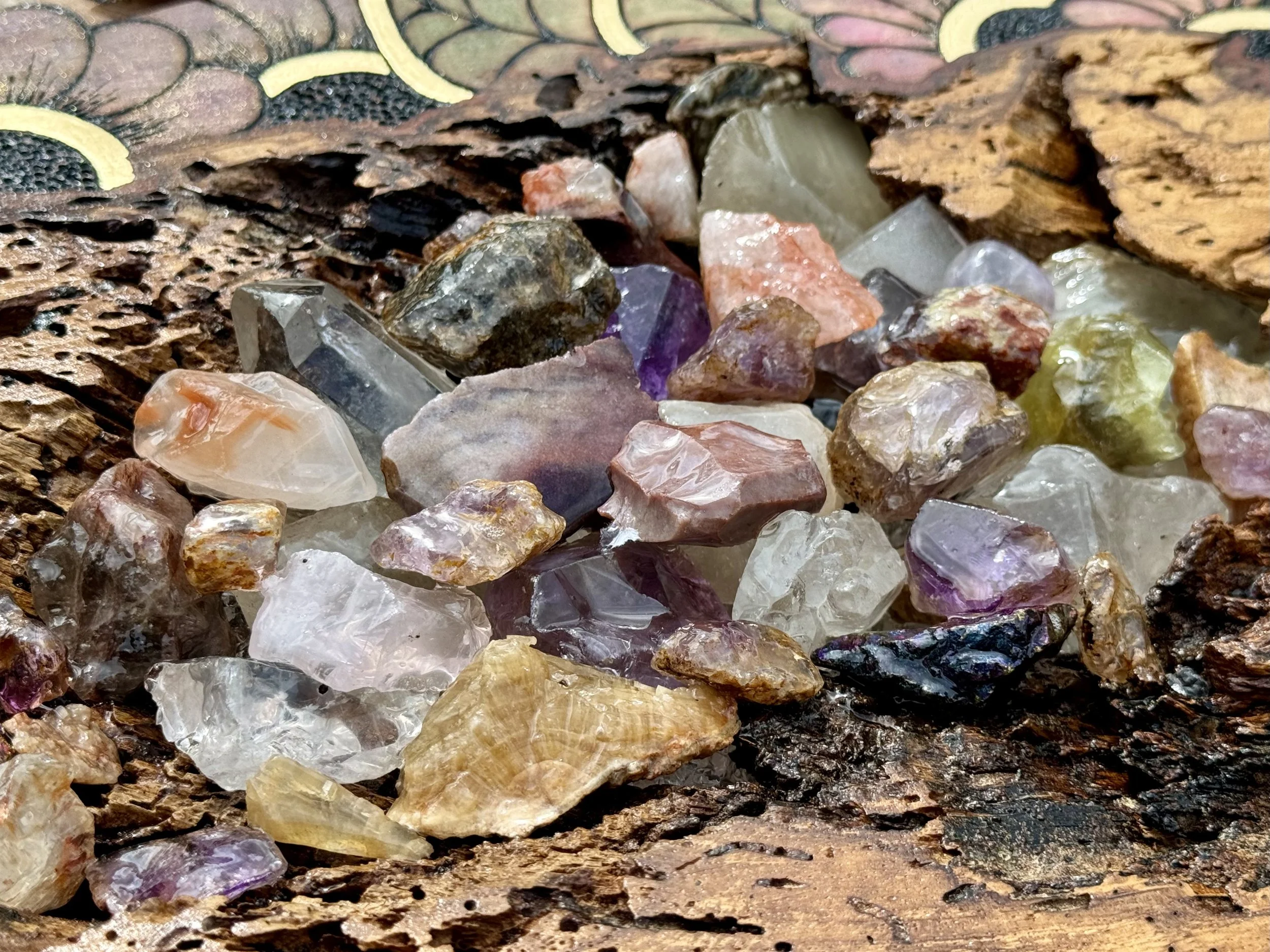 Handcrafted wall art featuring a collected crystal surface