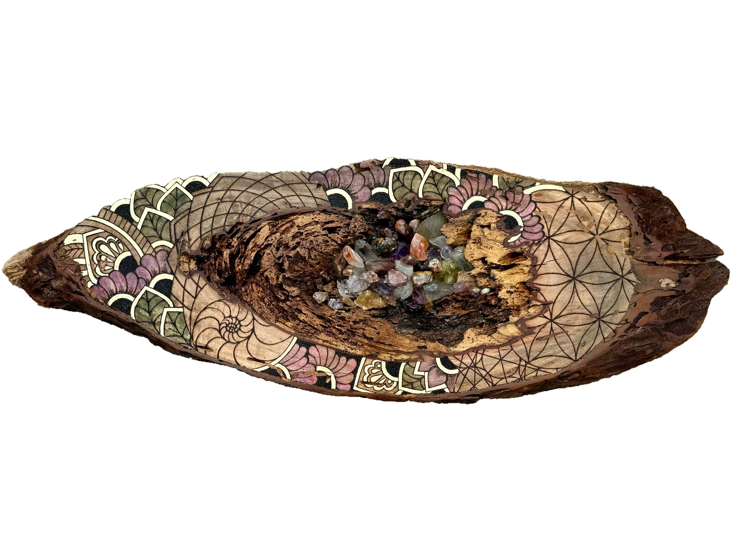 Pecan wall art by Austin Texas artist Anne Shackelford with pyrography and crystals