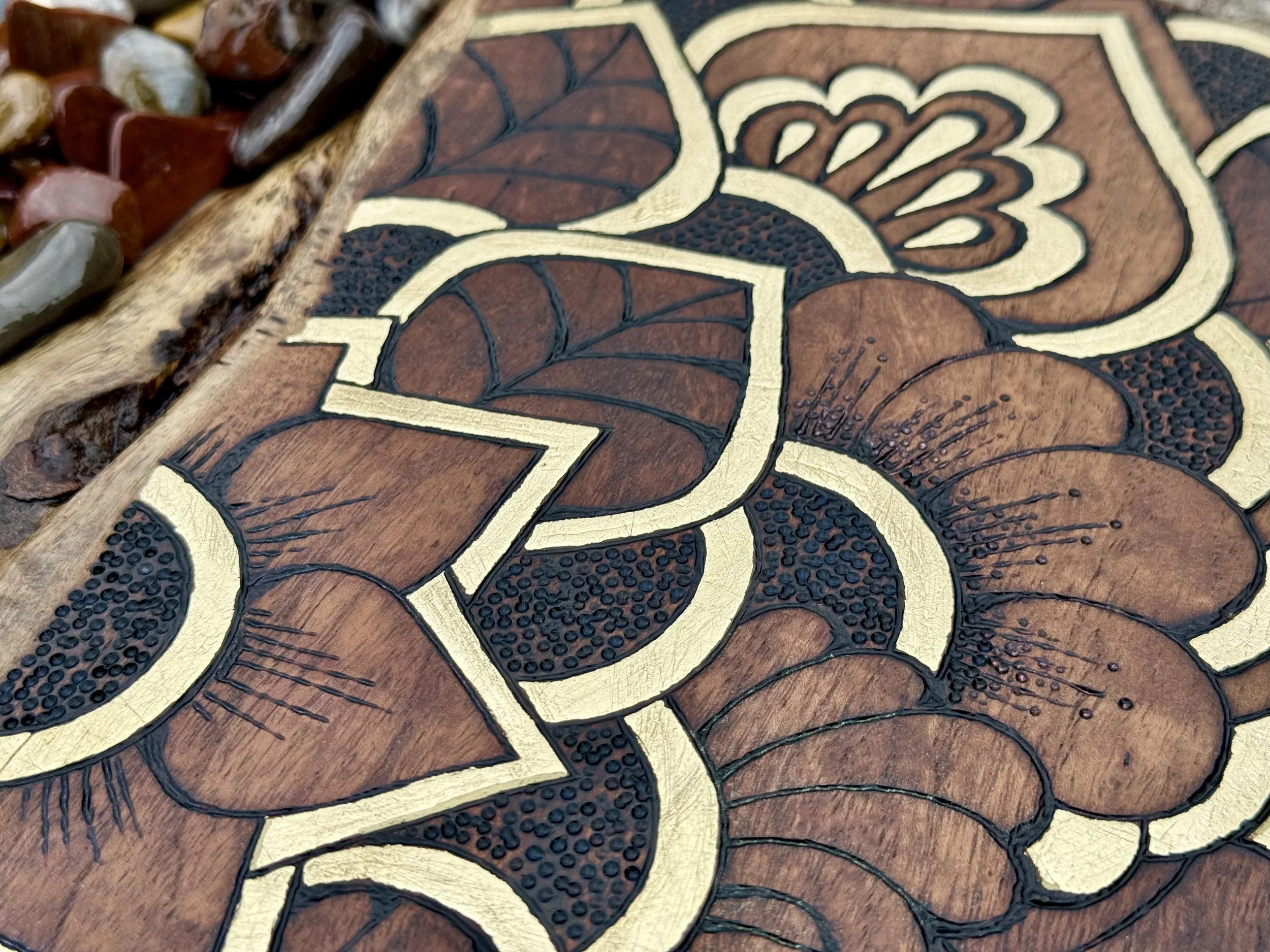 Original wall art honoring memory and land, crafted on Texas mesquite with elemental materials