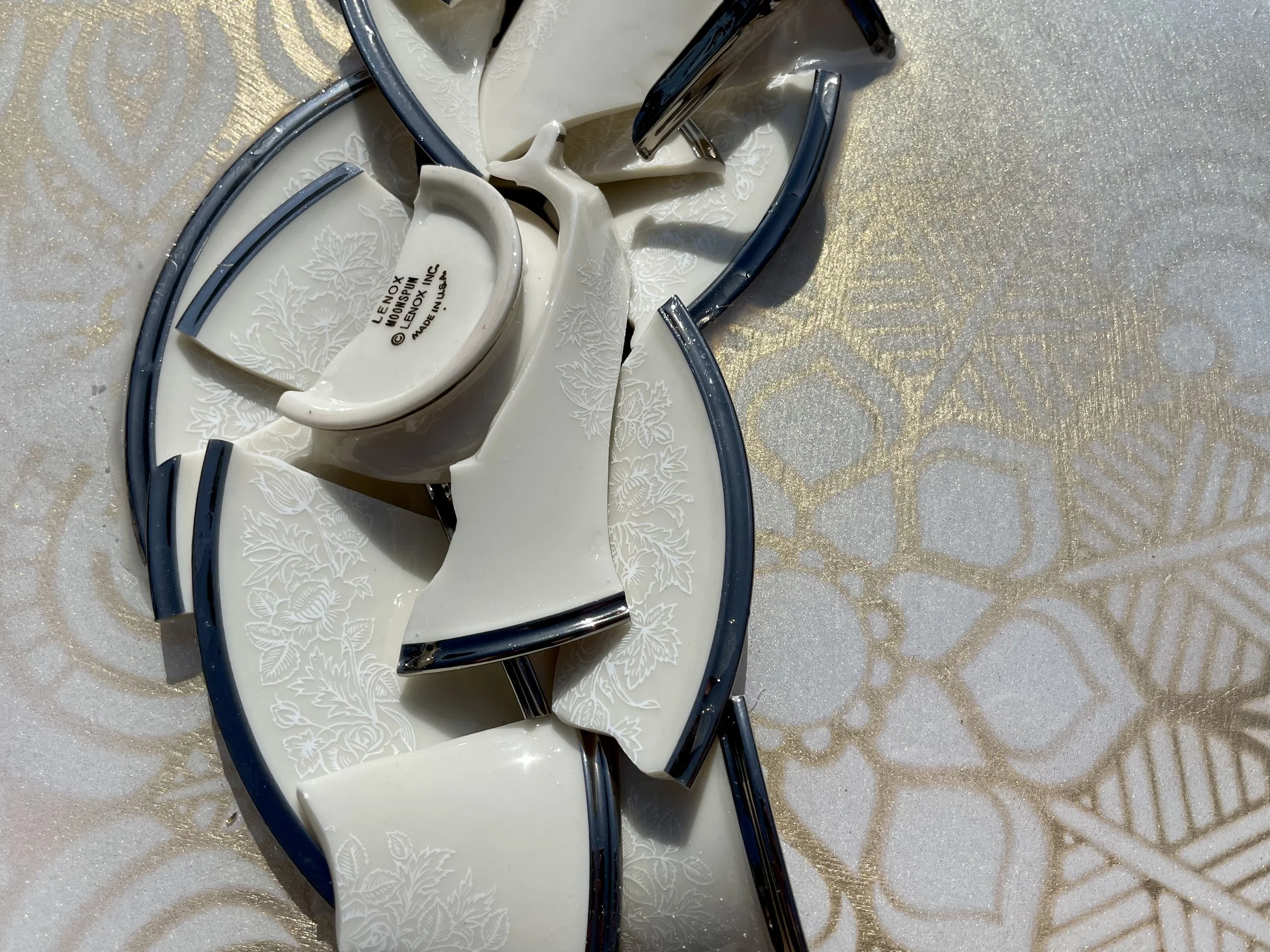 Vintage china wall art with gold leaf inlay and layered resin surface