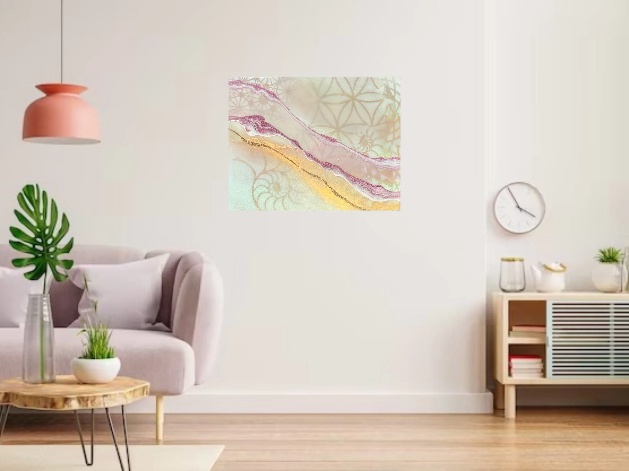 Halo Code wall art by Anne Shackelford, featuring sacred geometry, resin, and holographic film. Displayed on the wall to reflect shimmer, light, and multidimensional harmony.