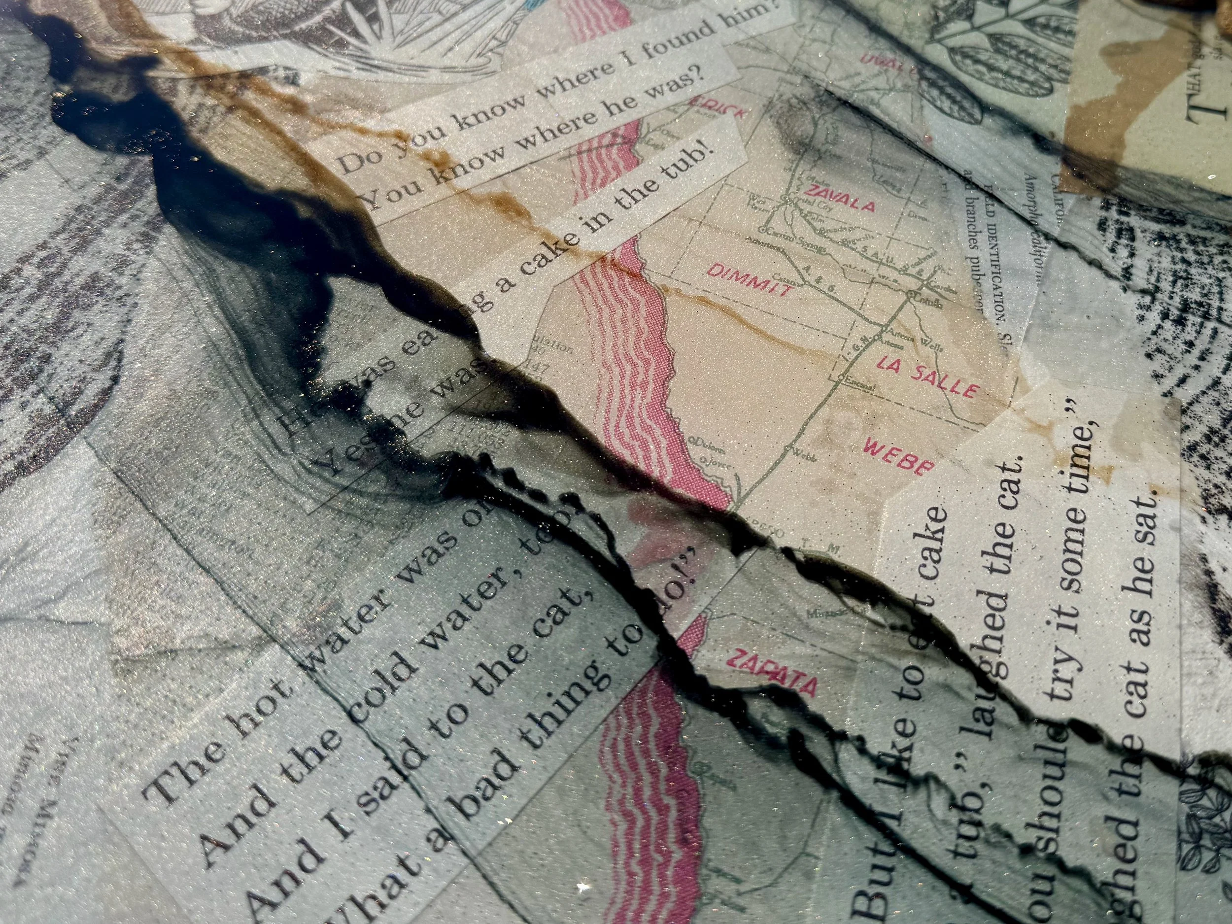 Abstract wall art by Anne Shackelford created with found objects and layered resin.