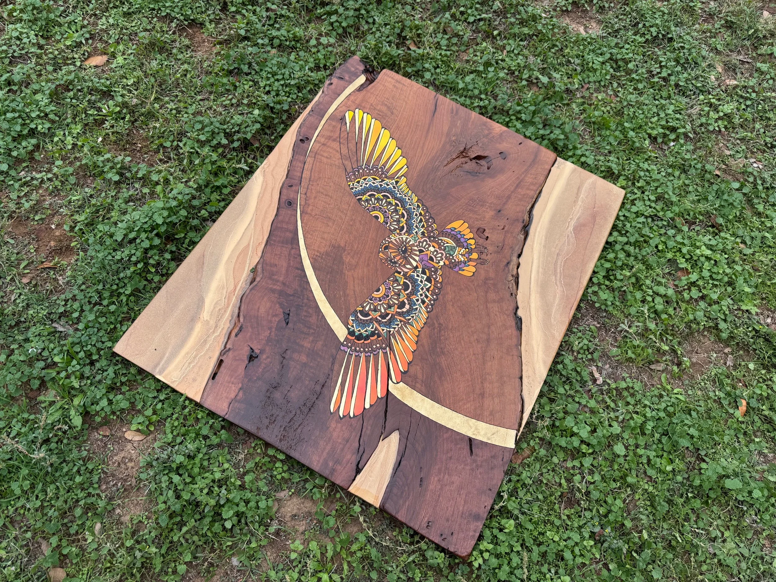 Emberwing wall art, pyrography and mixed media owl with gilding and pigment from the Firelight Collection.