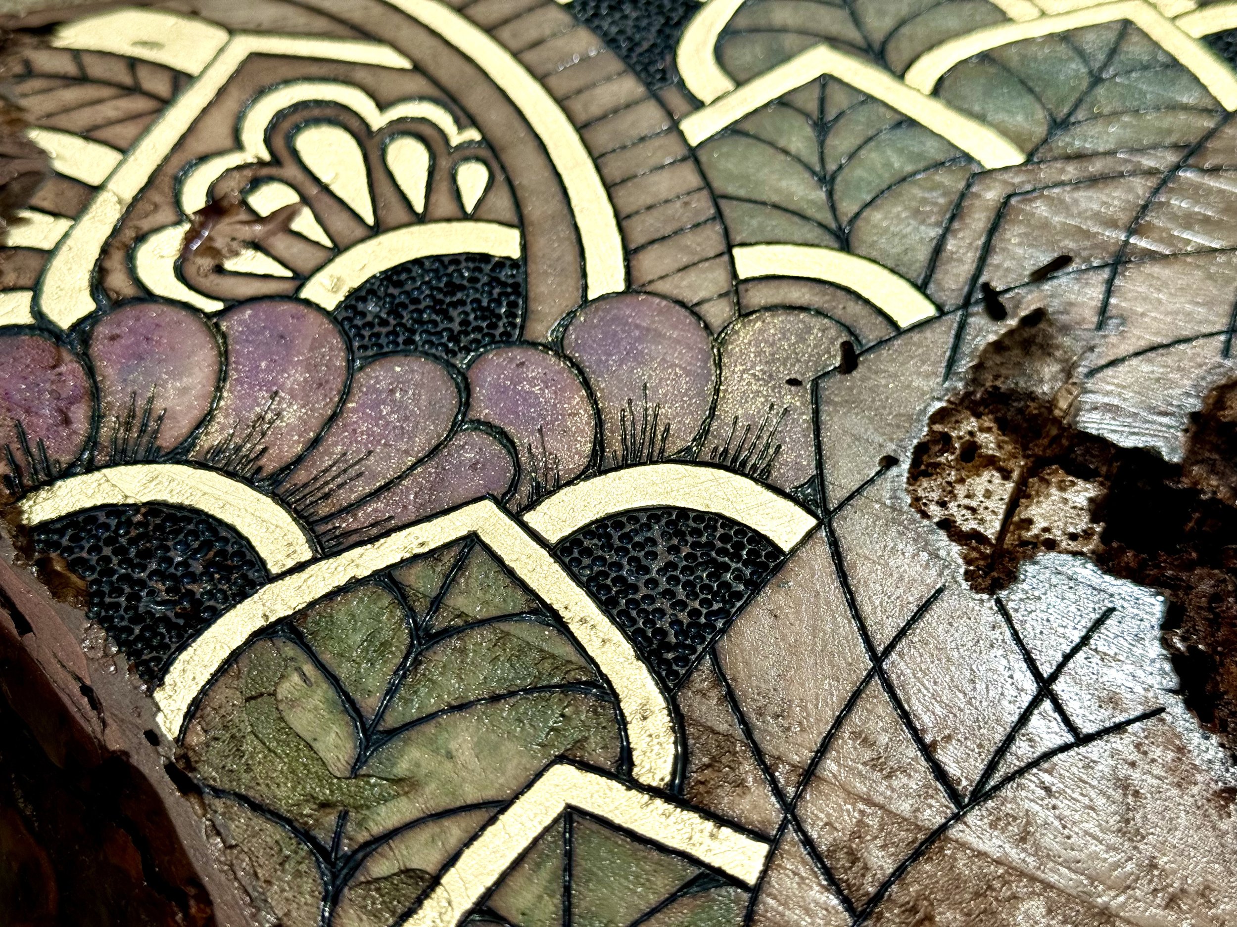 Crystal infused wall art created on pecan wood with metal leaf