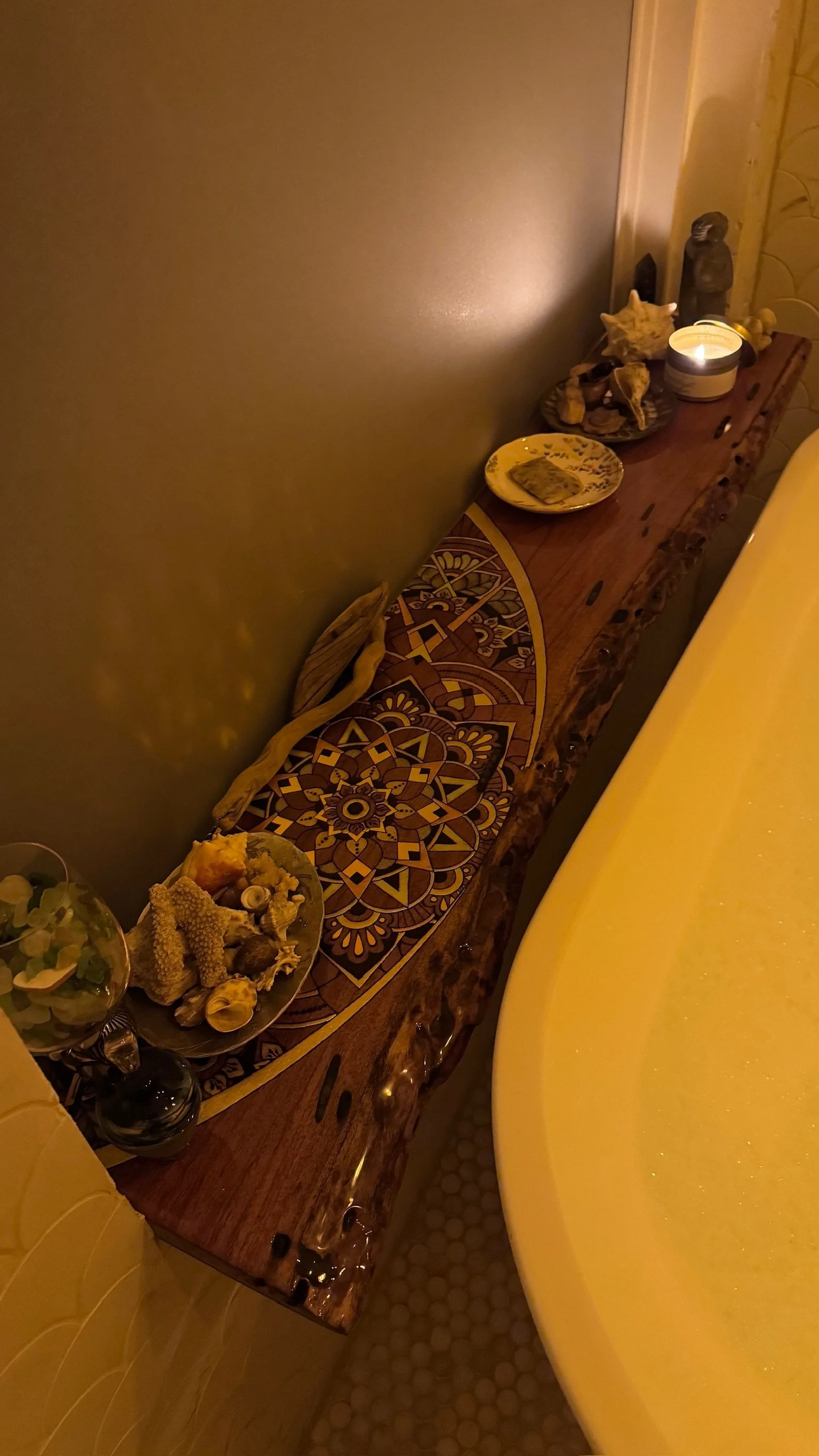 Custom-fit wooden windowsill shelf installed in bathroom space