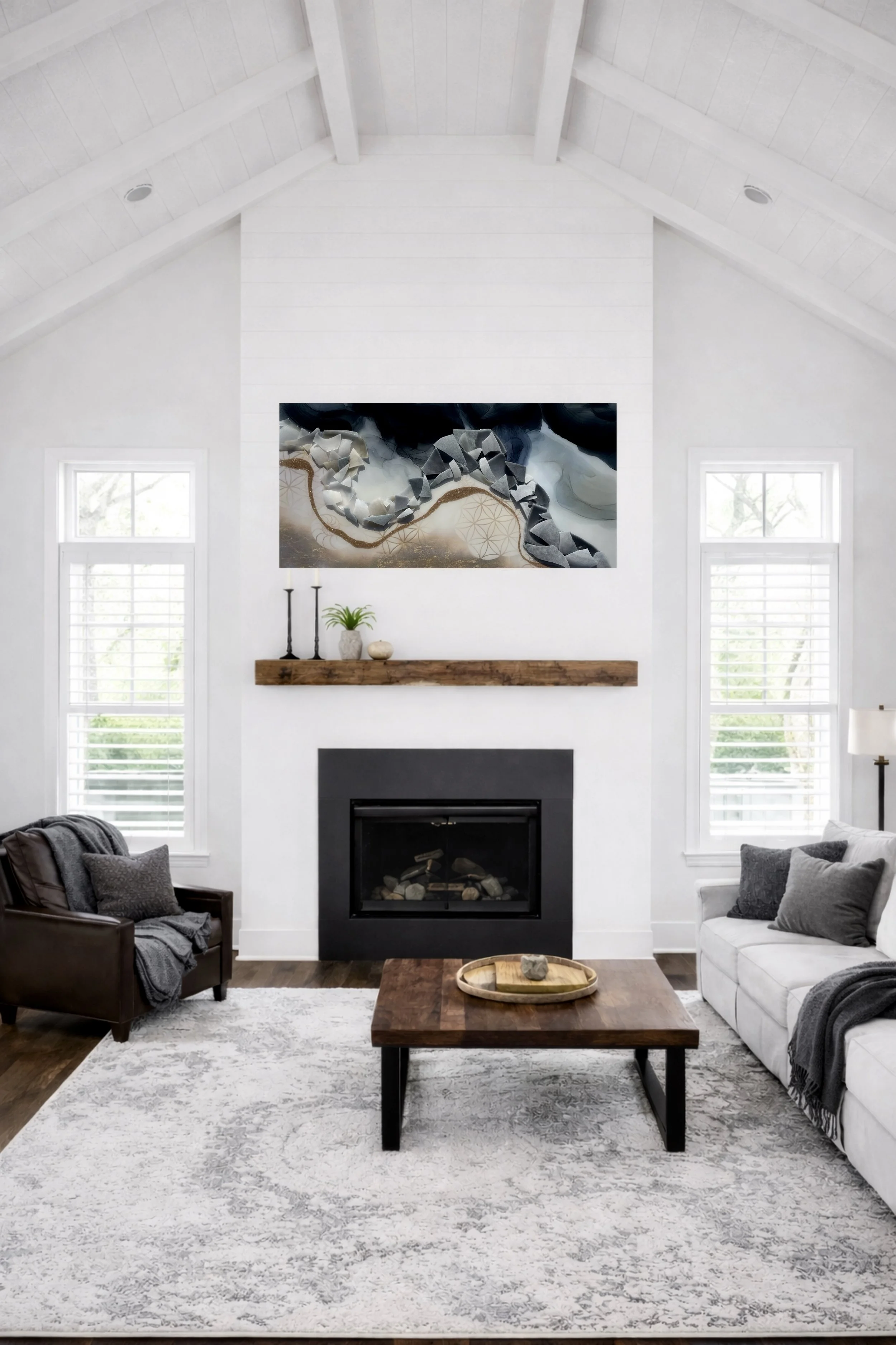 Anahata heart chakra wall art by Anne Shackelford displayed in a styled interior