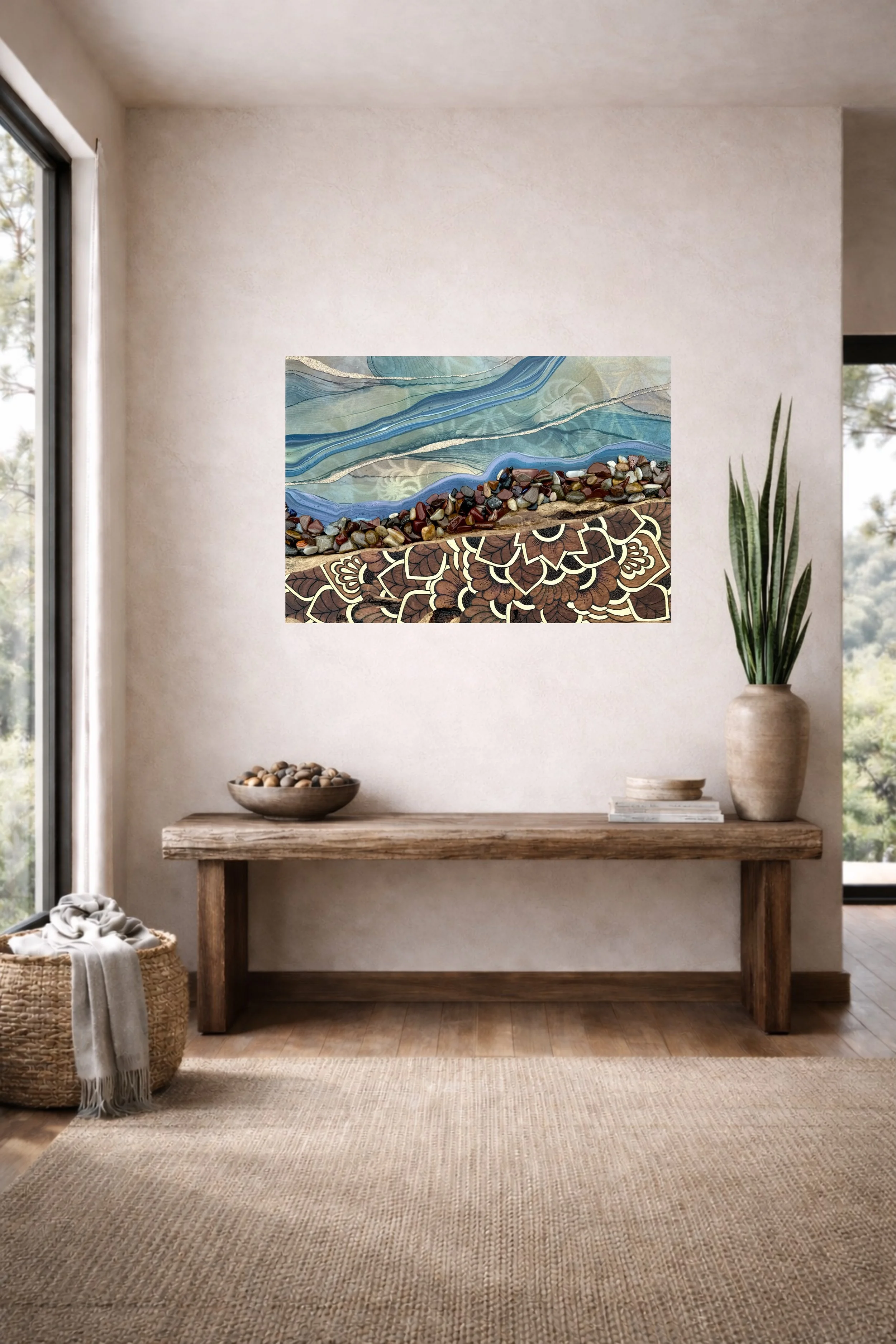 Memorial wall art by Anne Shackelford displayed in a styled interior setting