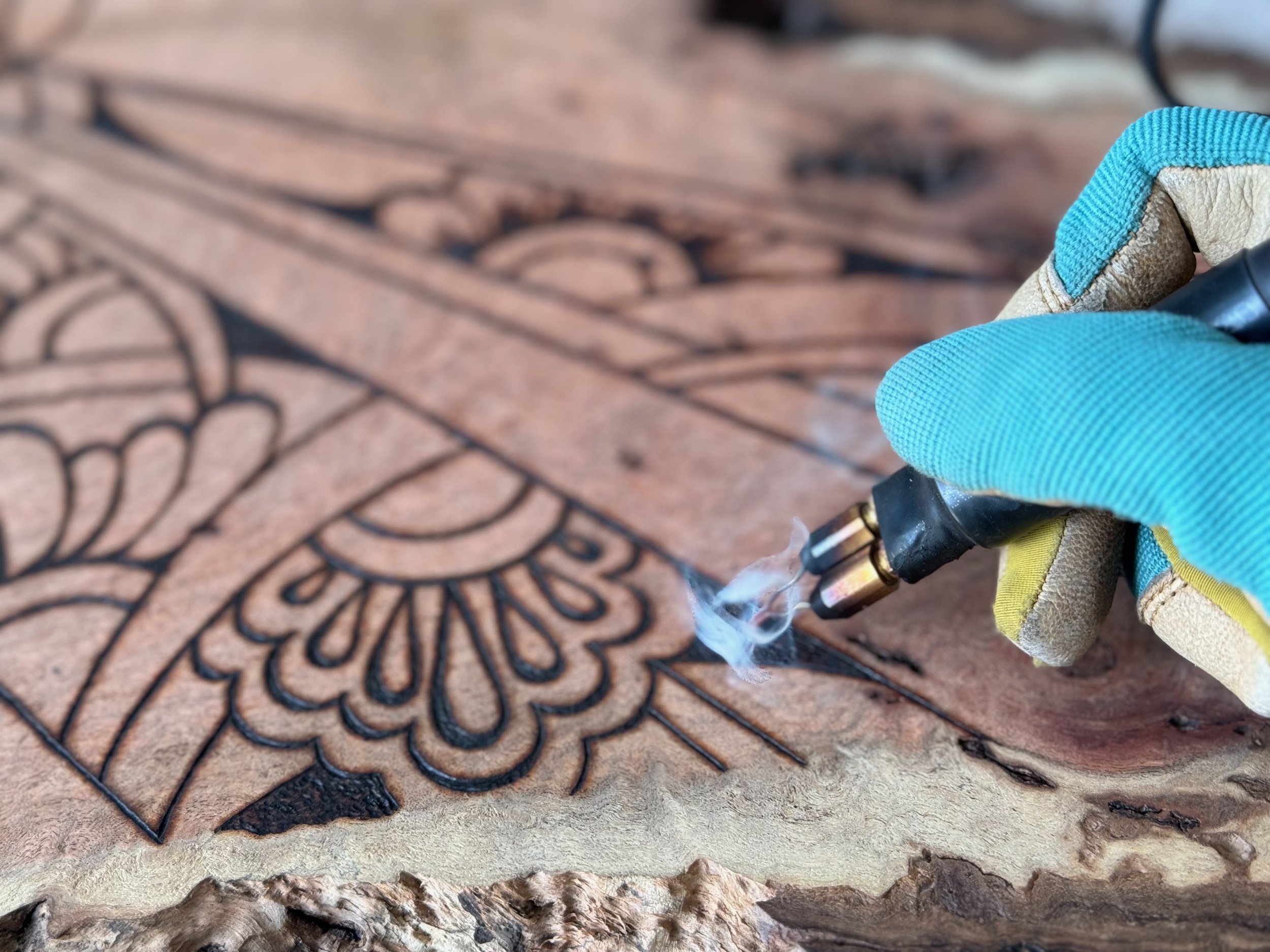 Modern wall art by Austin Texas artist Anne Shackelford created on mesquite with gilded accents.