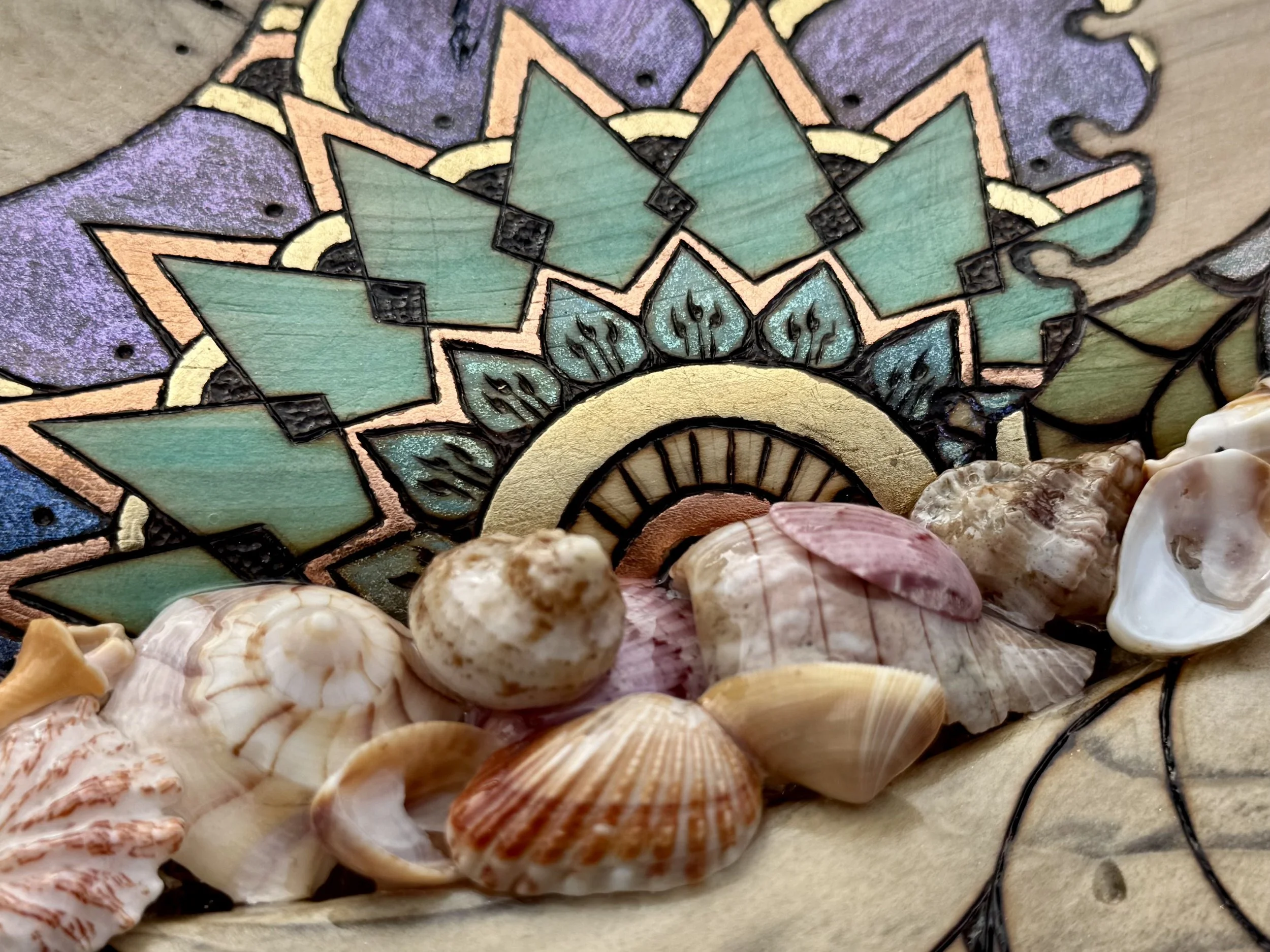 Handcrafted artwork on wood, enhanced with glitters, ink, and gold leaf to celebrate organic movement.