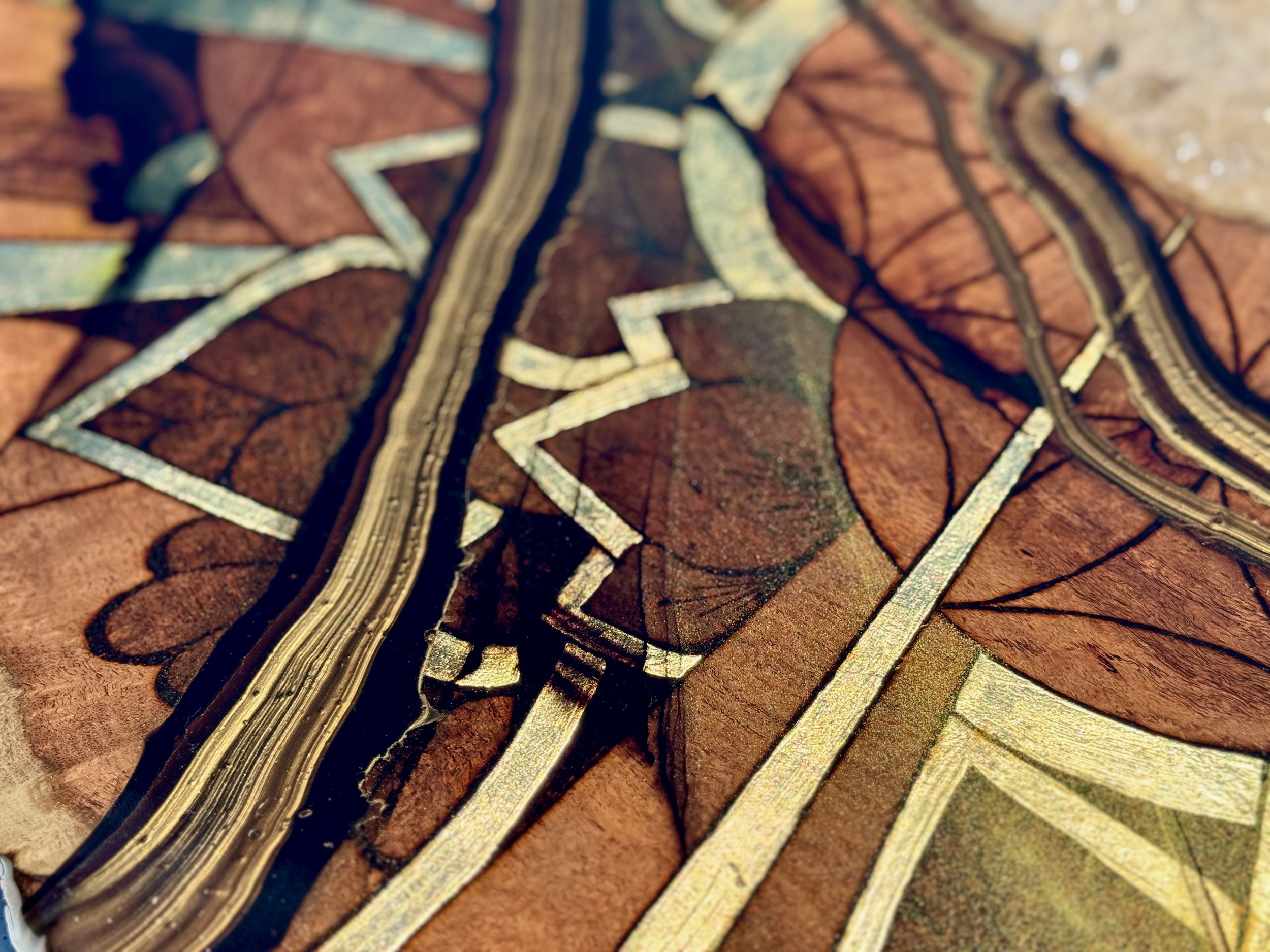 Abstract wall art by Austin Texas artist Anne Shackelford with layered pigment and hand burned pattern.