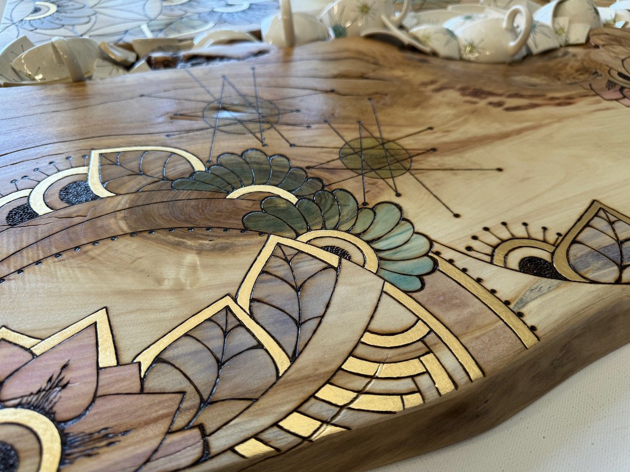aspen wood art, woodburning, pyrography, vintage china, heirloom art, Durango wood, generational artwork, teacup motif, meaningful art, visionary pyrography