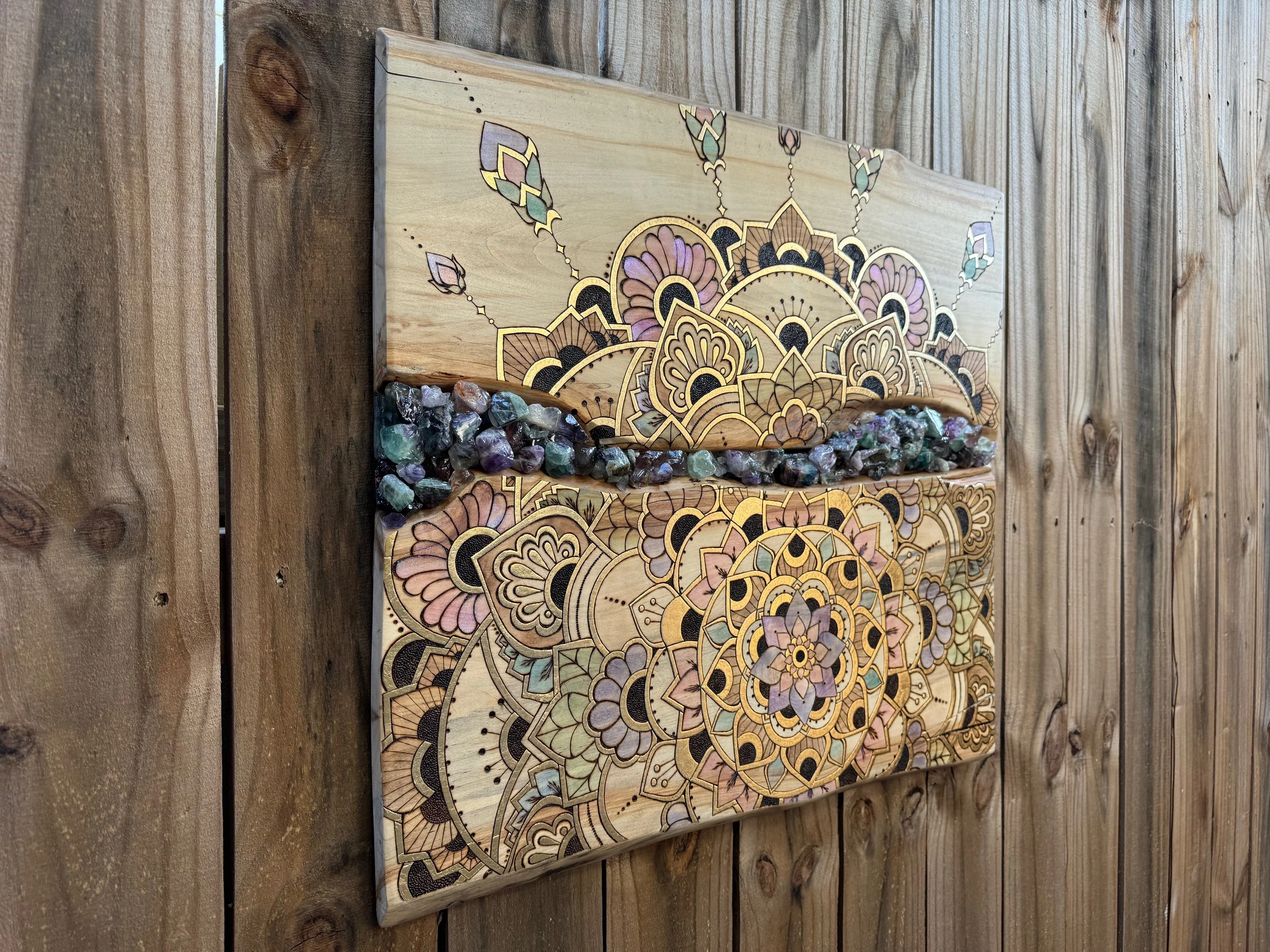 Hand-burned aspen panel from the Firelight Collection, Parivrtta by Austin artist Anne Shackelford.