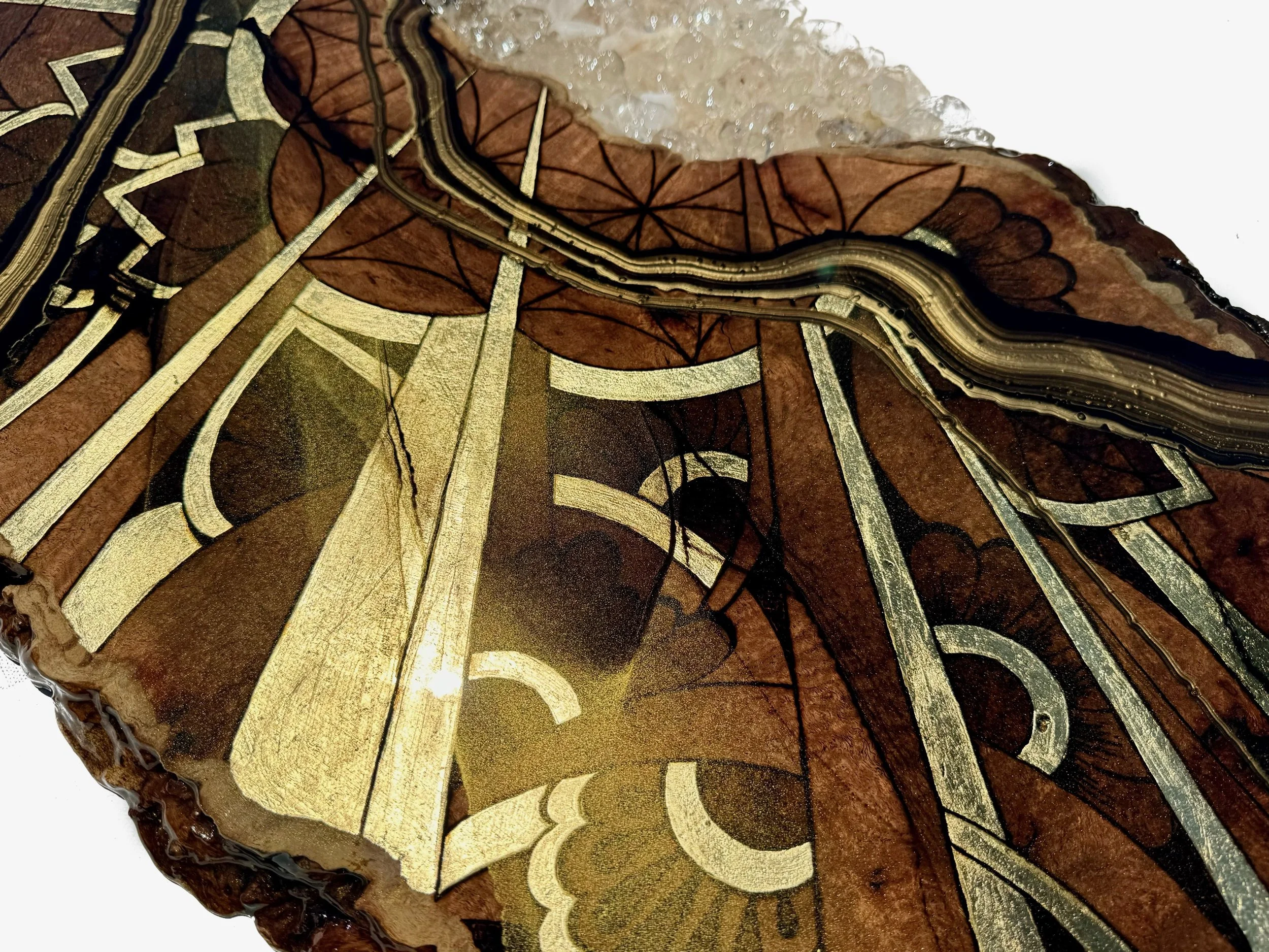 Luminous wall art by Anne Shackelford created on Texas mesquite with alcohol ink and resin.