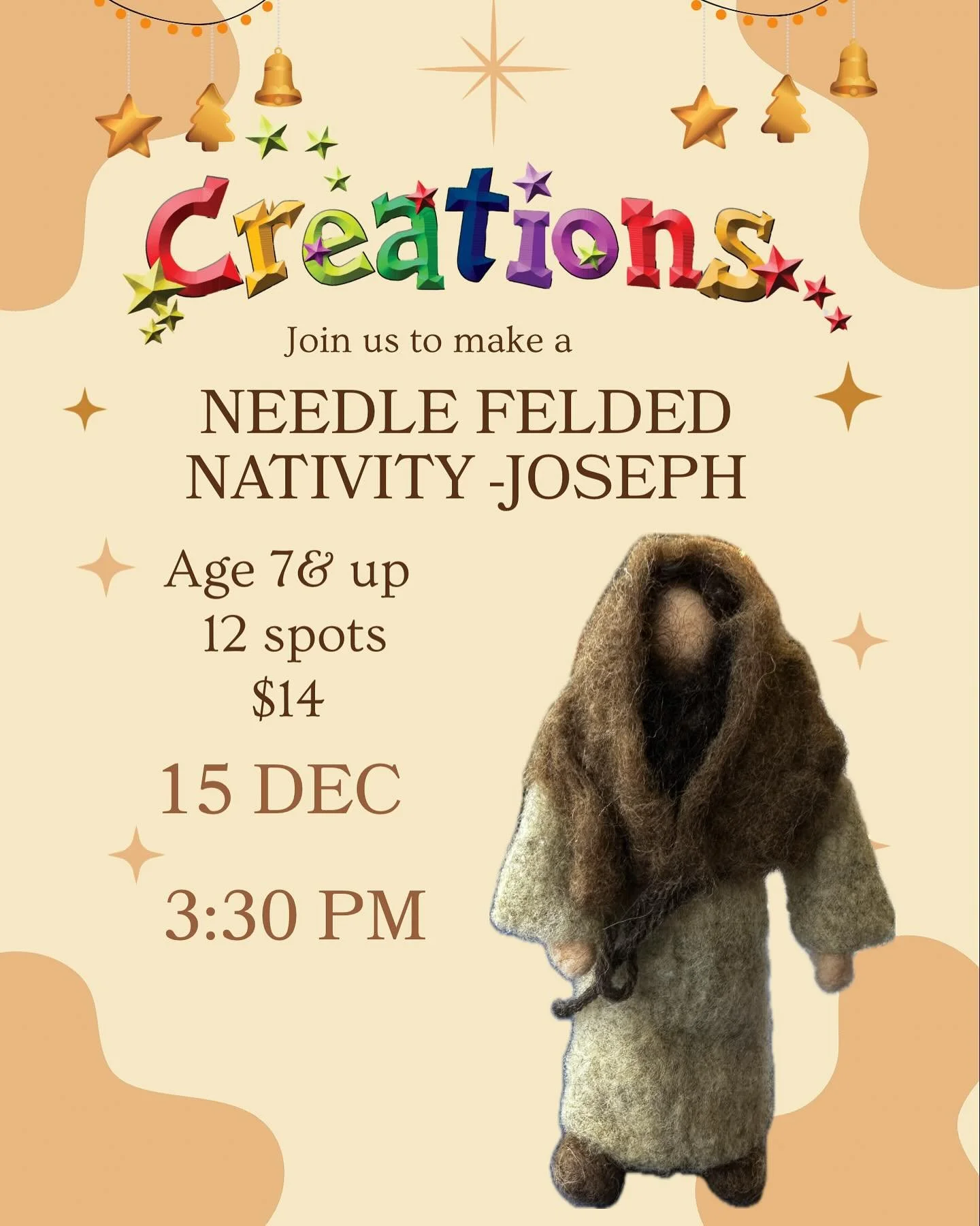 This coming Monday! 4 spots left ❤️ come build your Joseph and come next week to do Mary and Jesus!