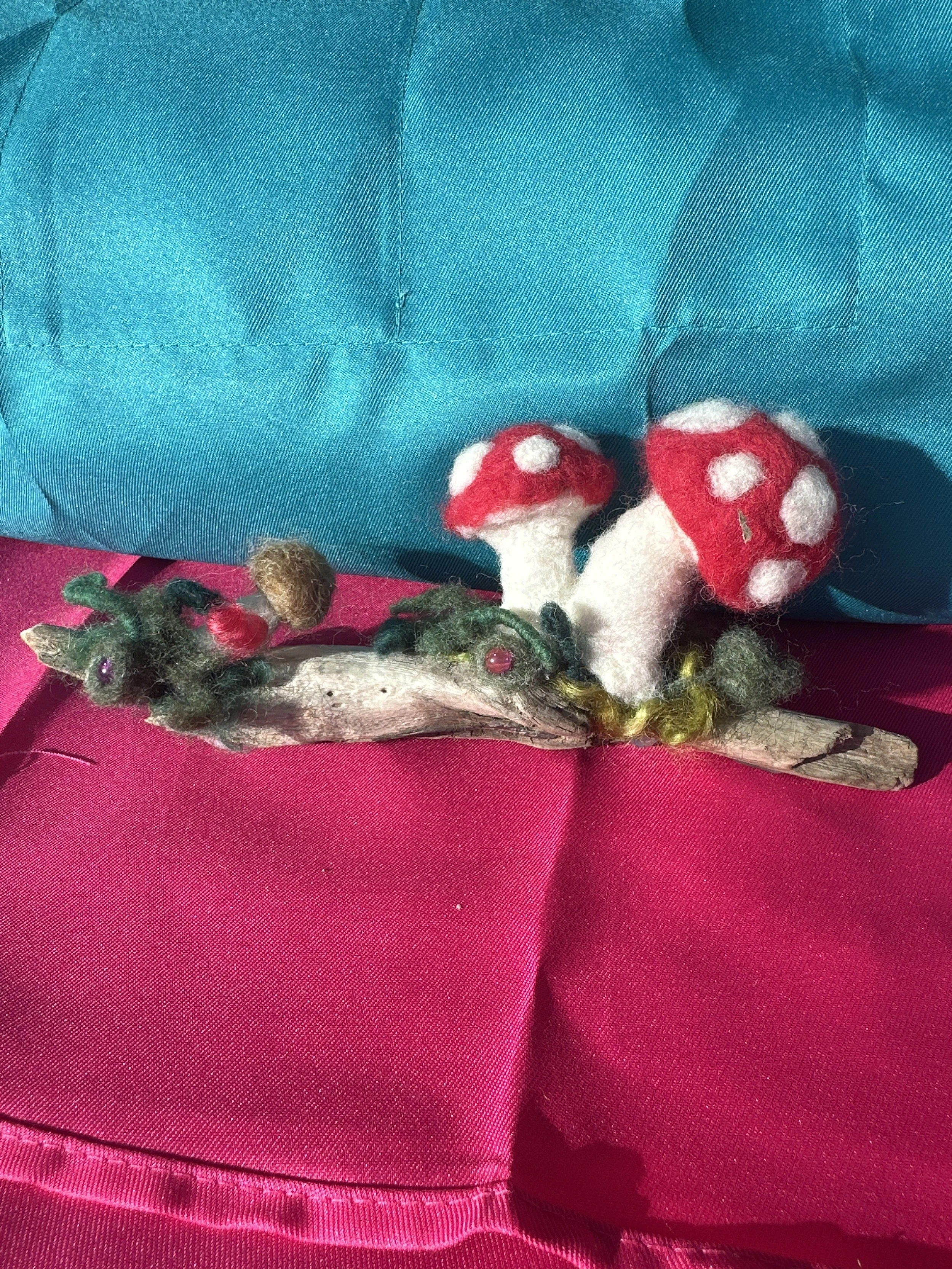 Needle Felted Mushrooms on a Drift Wood
