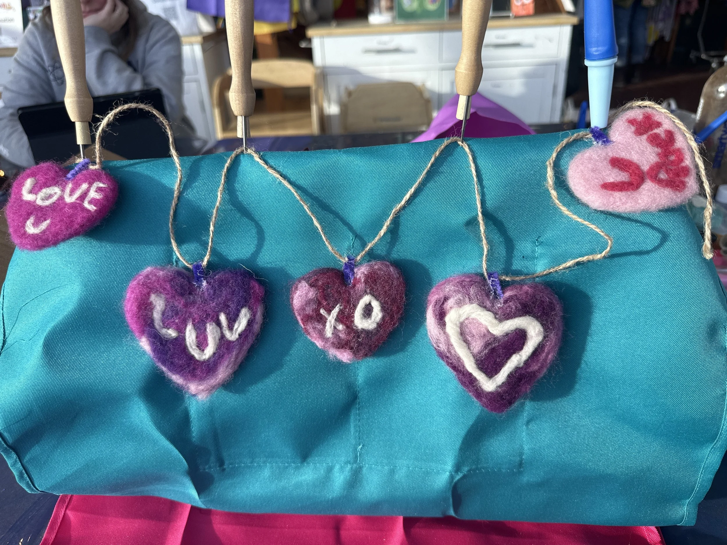 Needle Felted Hearts on a String to Hang Up