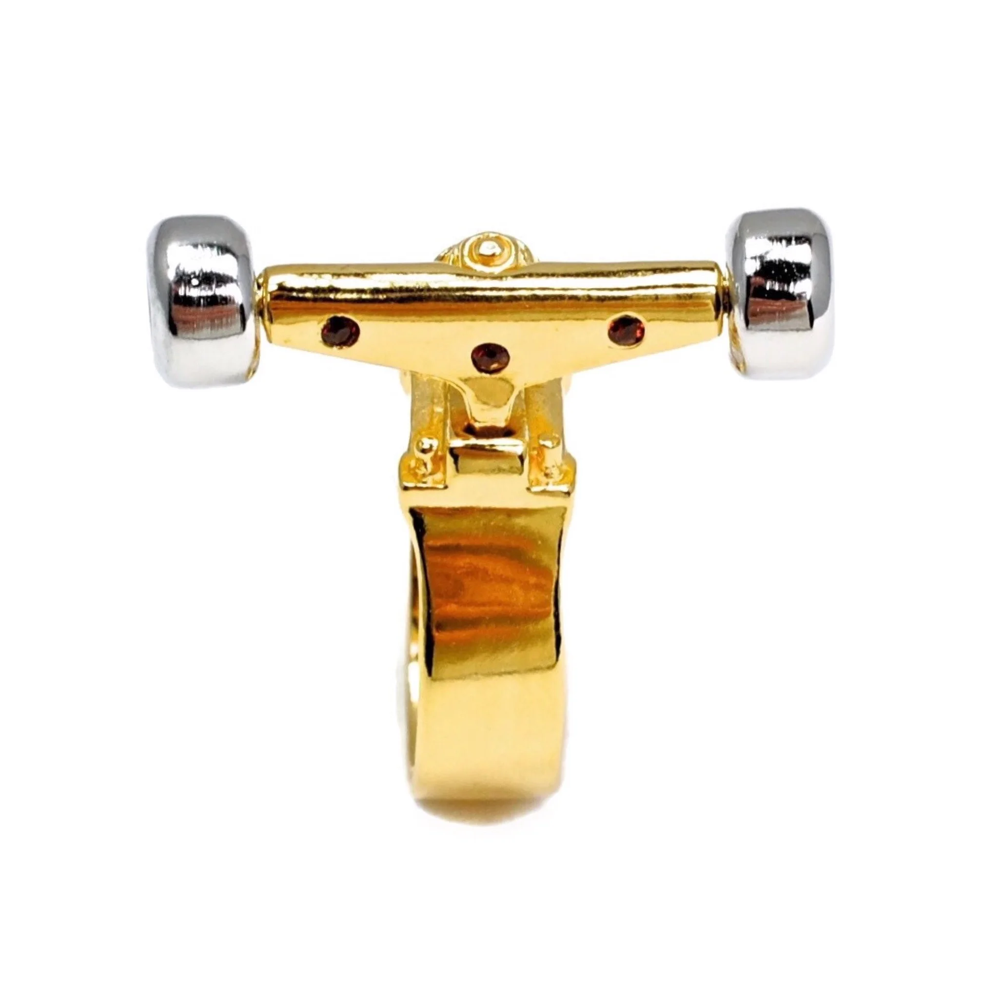 Truck Ring in 14K Gold Plated Brass with Silver plated White Brass Wheels and 3 Garnets