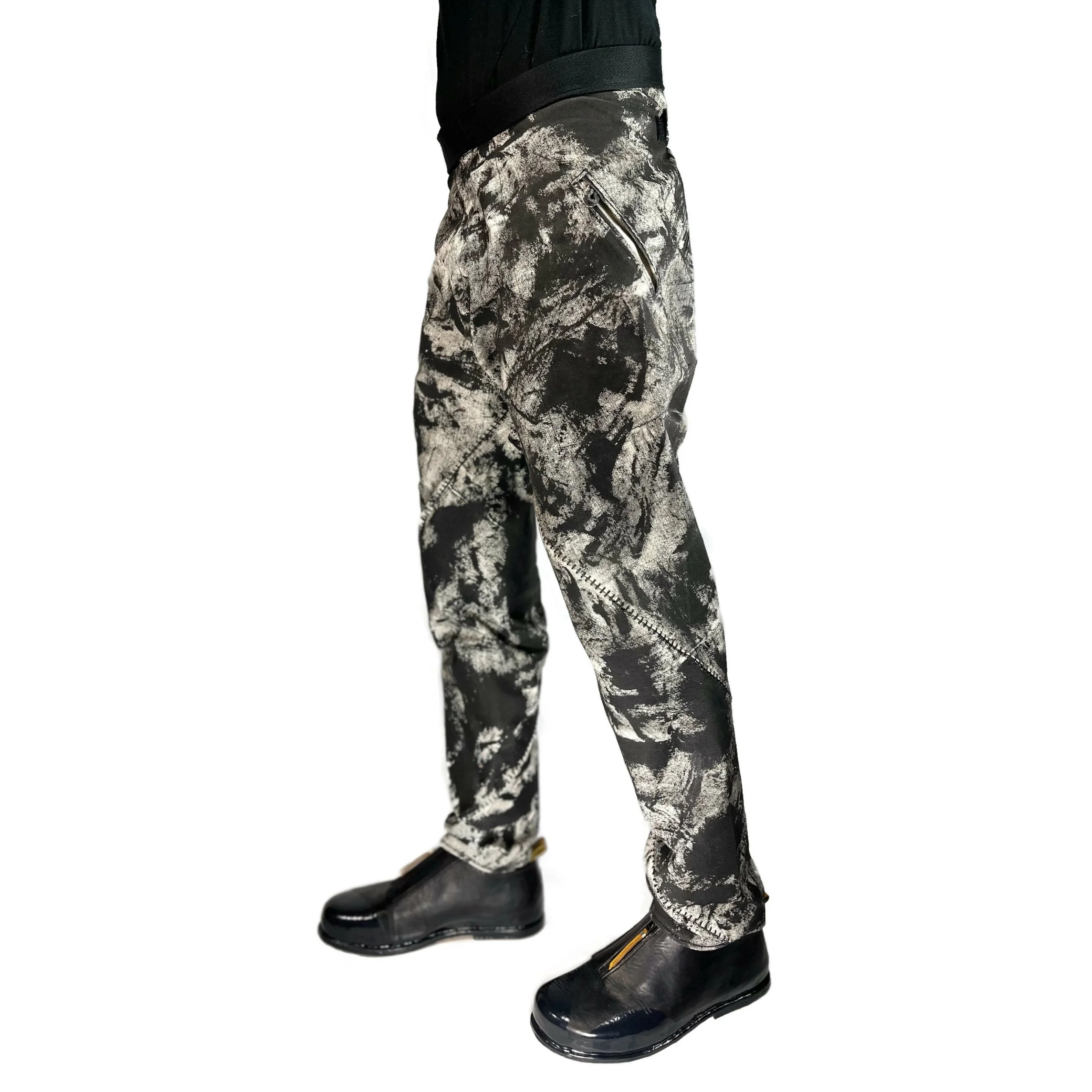 Black:White Denim Scar Stitch Velcro Pants Edited Left.jpg