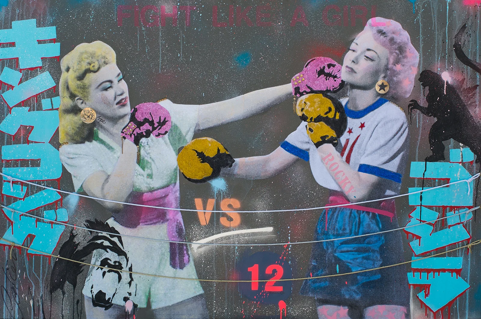 "She's simply a badass fighting another badass"Mixed media on canvas / Technique mixte sur toile48"x72"Contact for inquiries / Contactez-moi pour achat