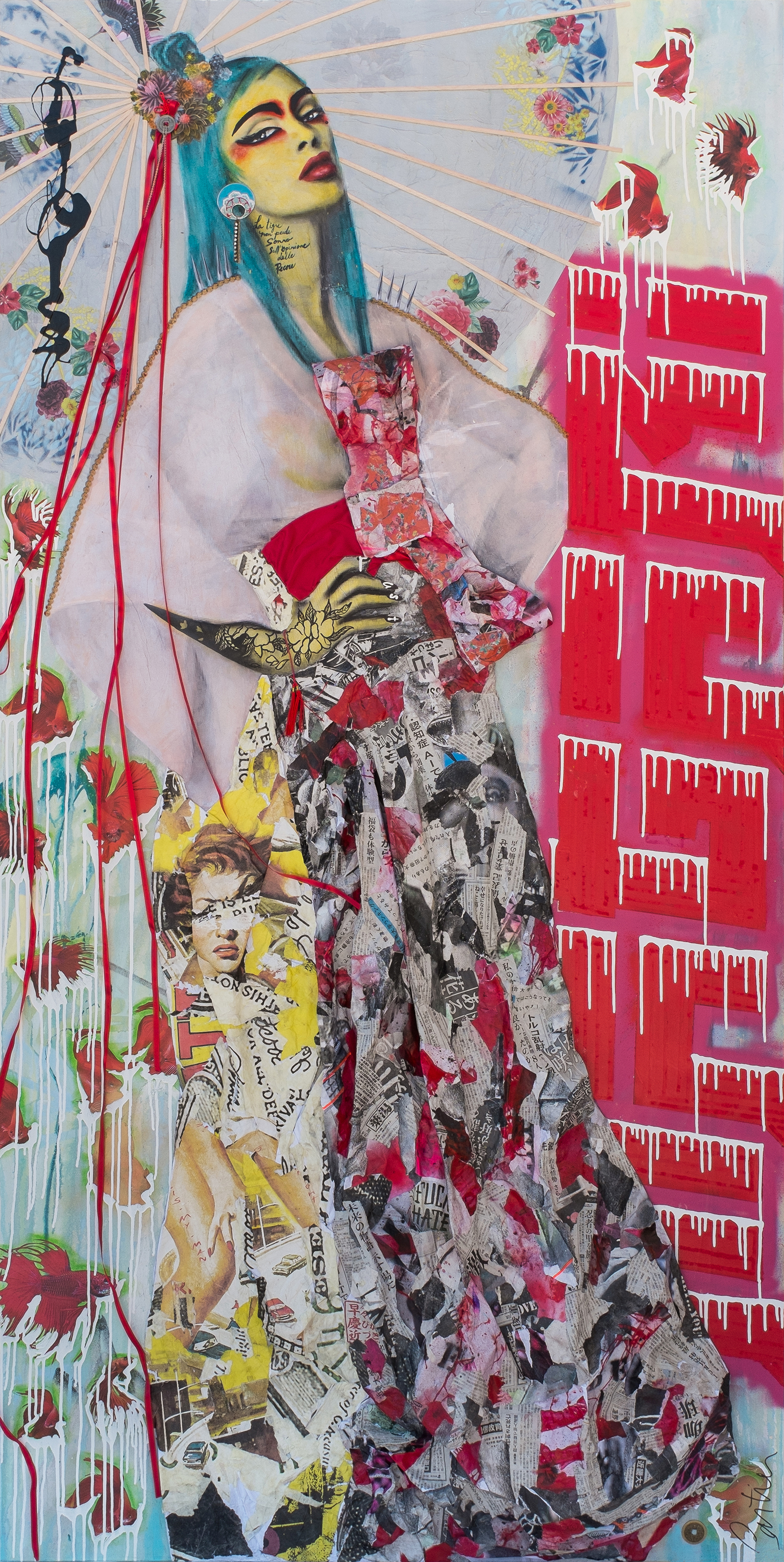 "She will not conform, fear her as she takes on the world"Mixed media on canvas / Technique mixte sur toile48"x96"Contact for inquiries / Contactez-moi pour achat