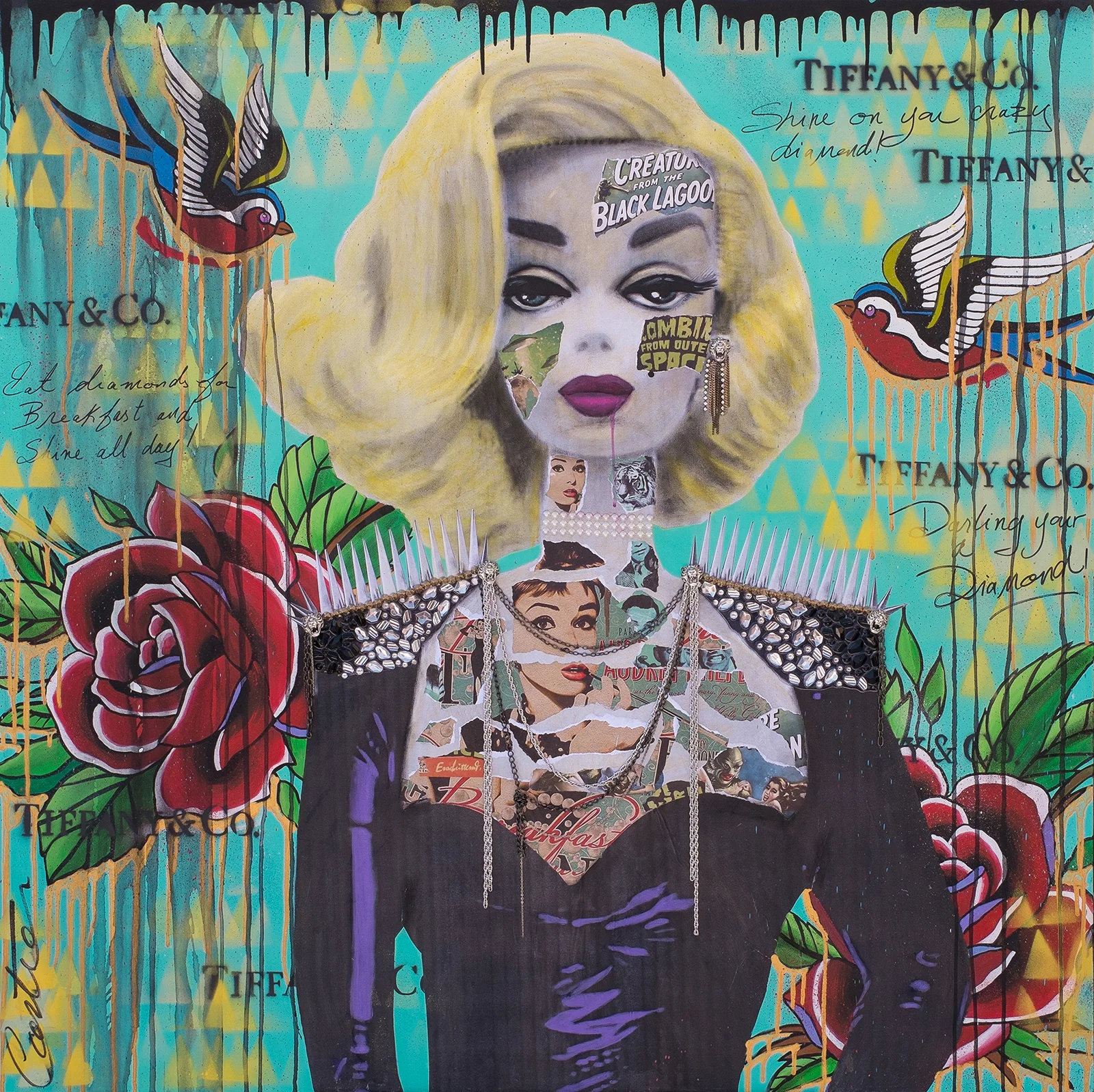 "She's having breakfast at Tiffany's"Mixed media on canvas / Technique mixte sur toile48"x48"Contact for inquiries / Contactez-moi pour achat