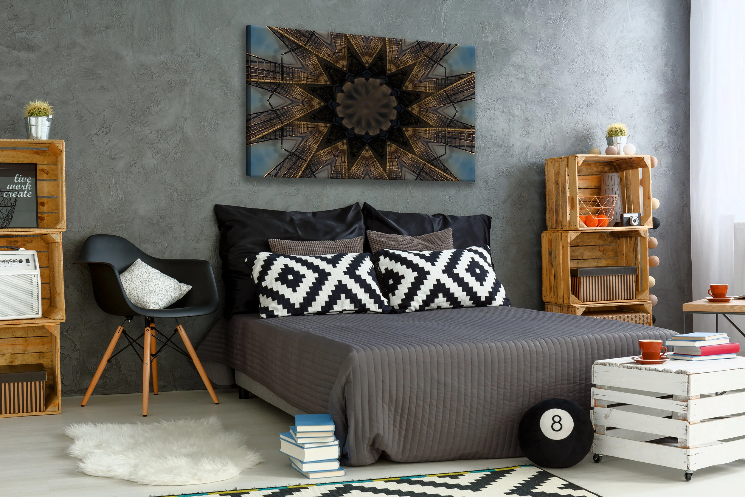 New bedroom with creative, DIY furniture