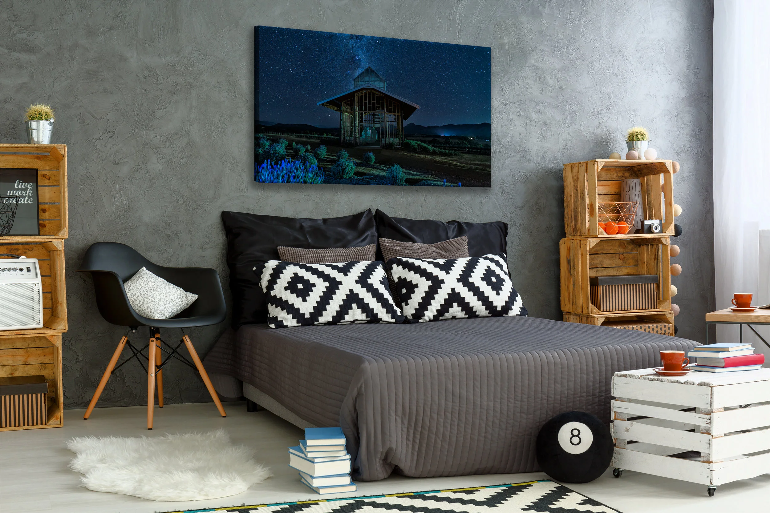 New bedroom with creative, DIY furniture