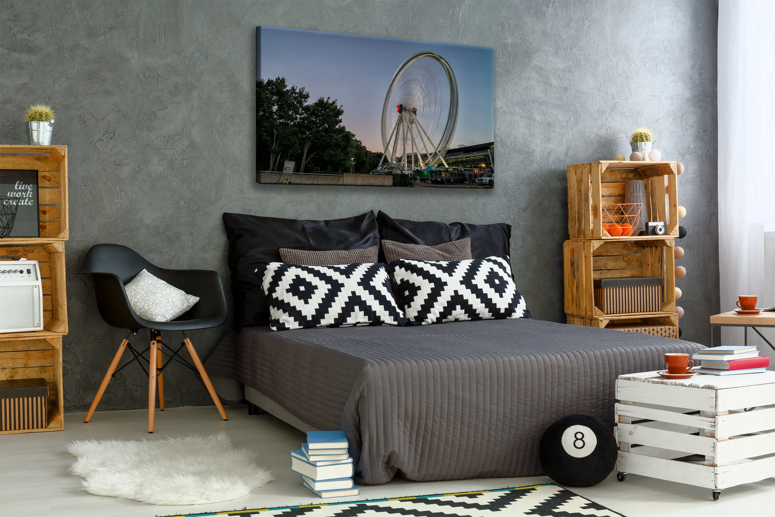 New bedroom with creative, DIY furniture