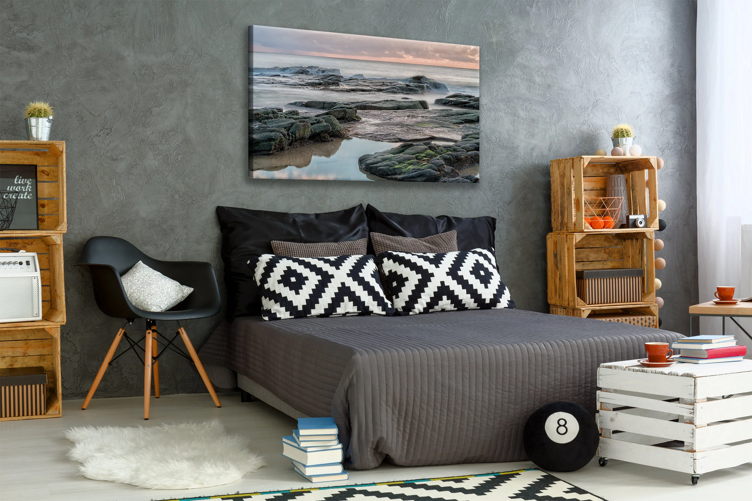 New bedroom with creative, DIY furniture