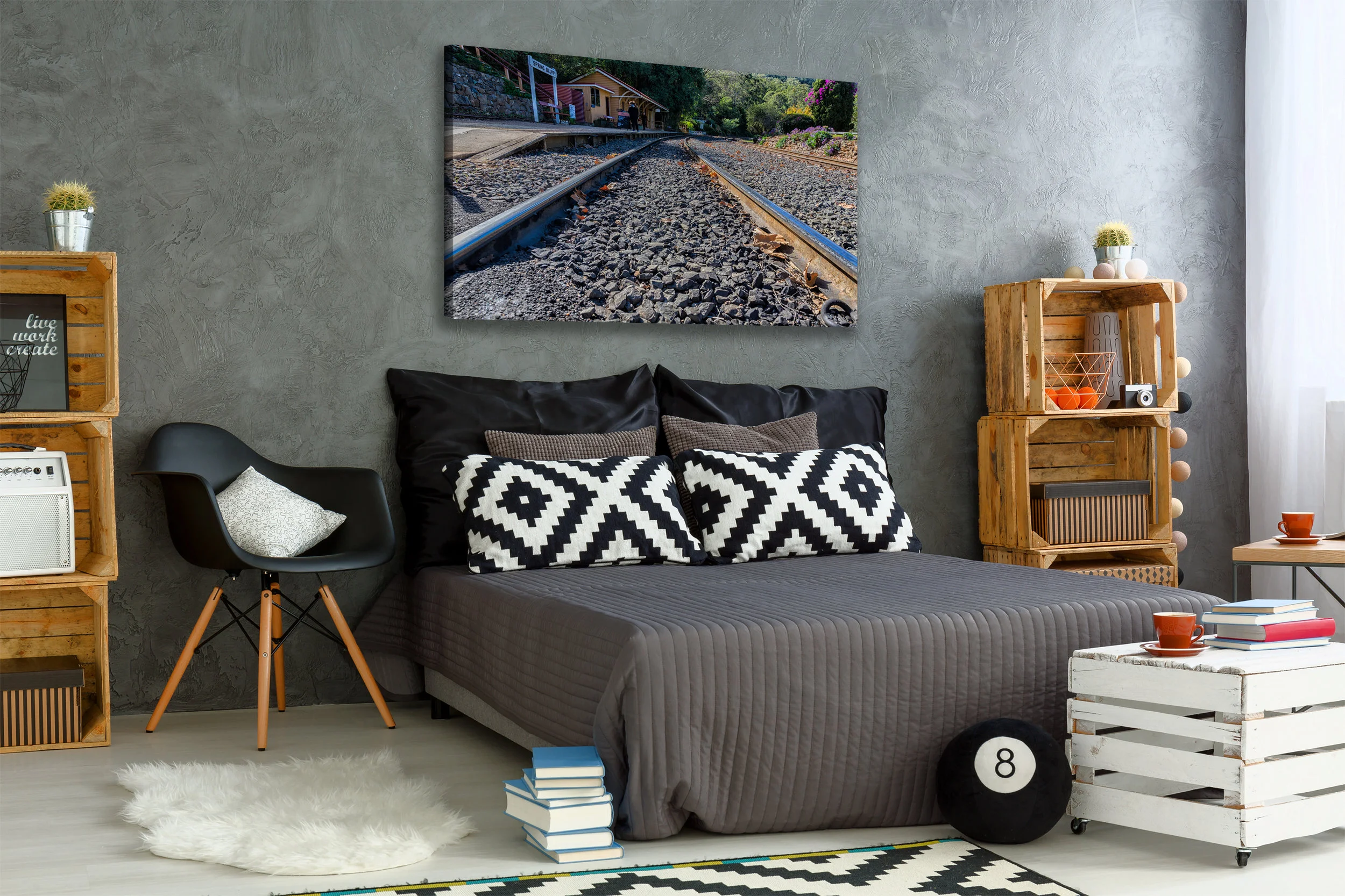 New bedroom with creative, DIY furniture