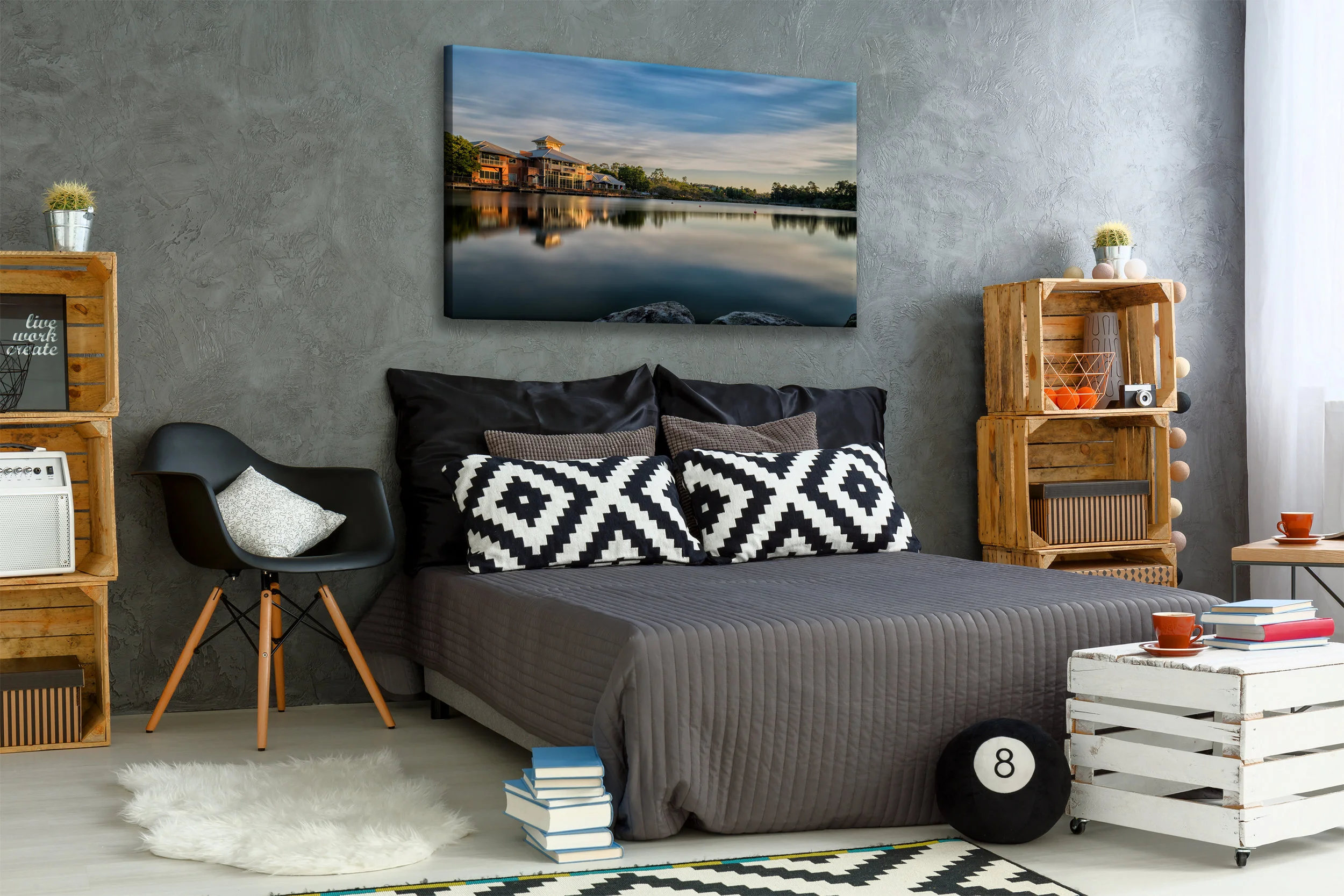 New bedroom with creative, DIY furniture