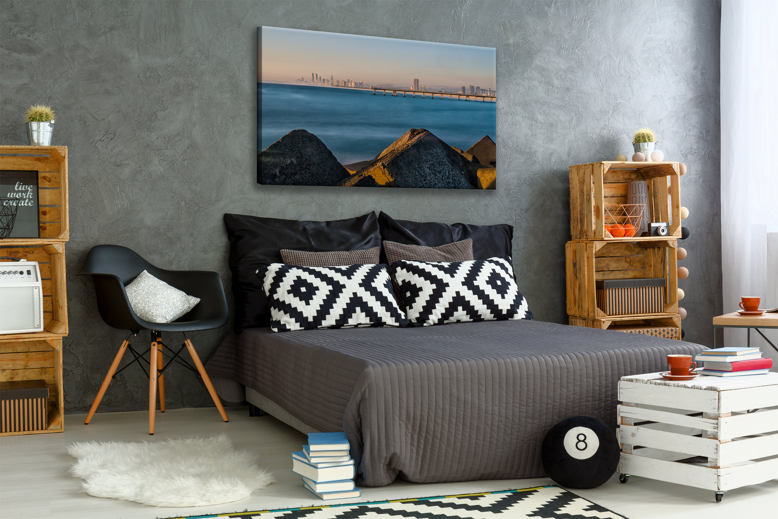 New bedroom with creative, DIY furniture