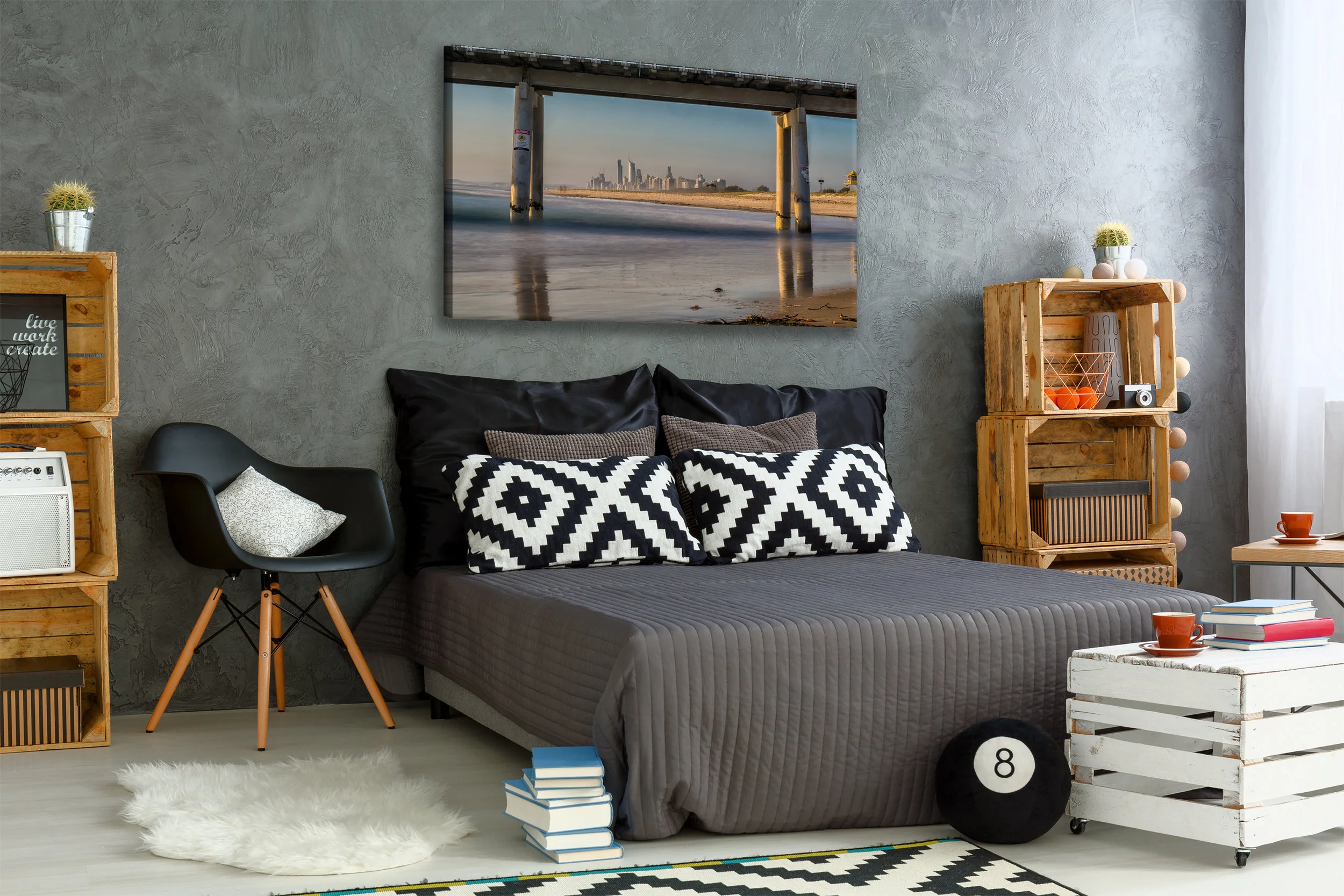 New bedroom with creative, DIY furniture