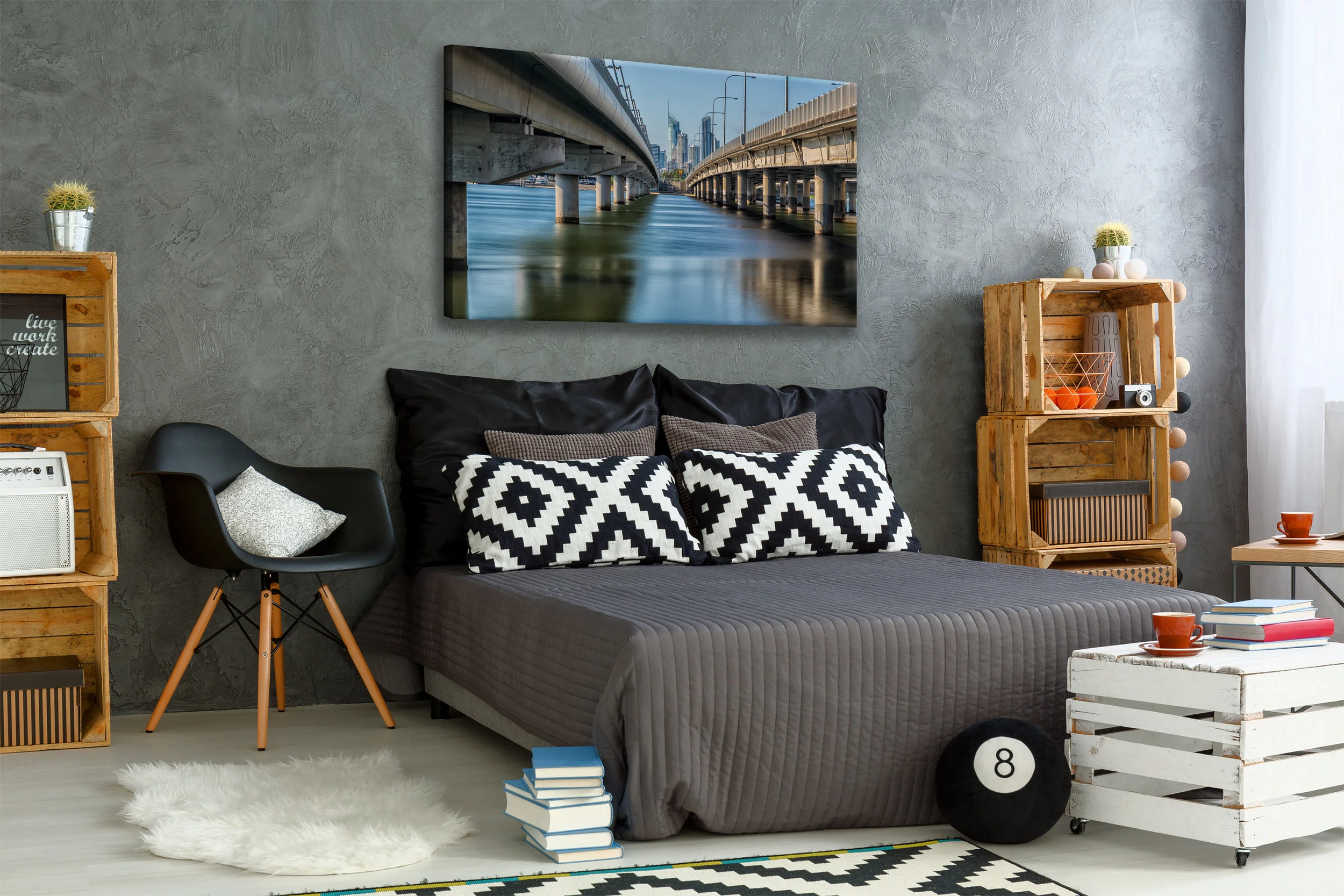 New bedroom with creative, DIY furniture