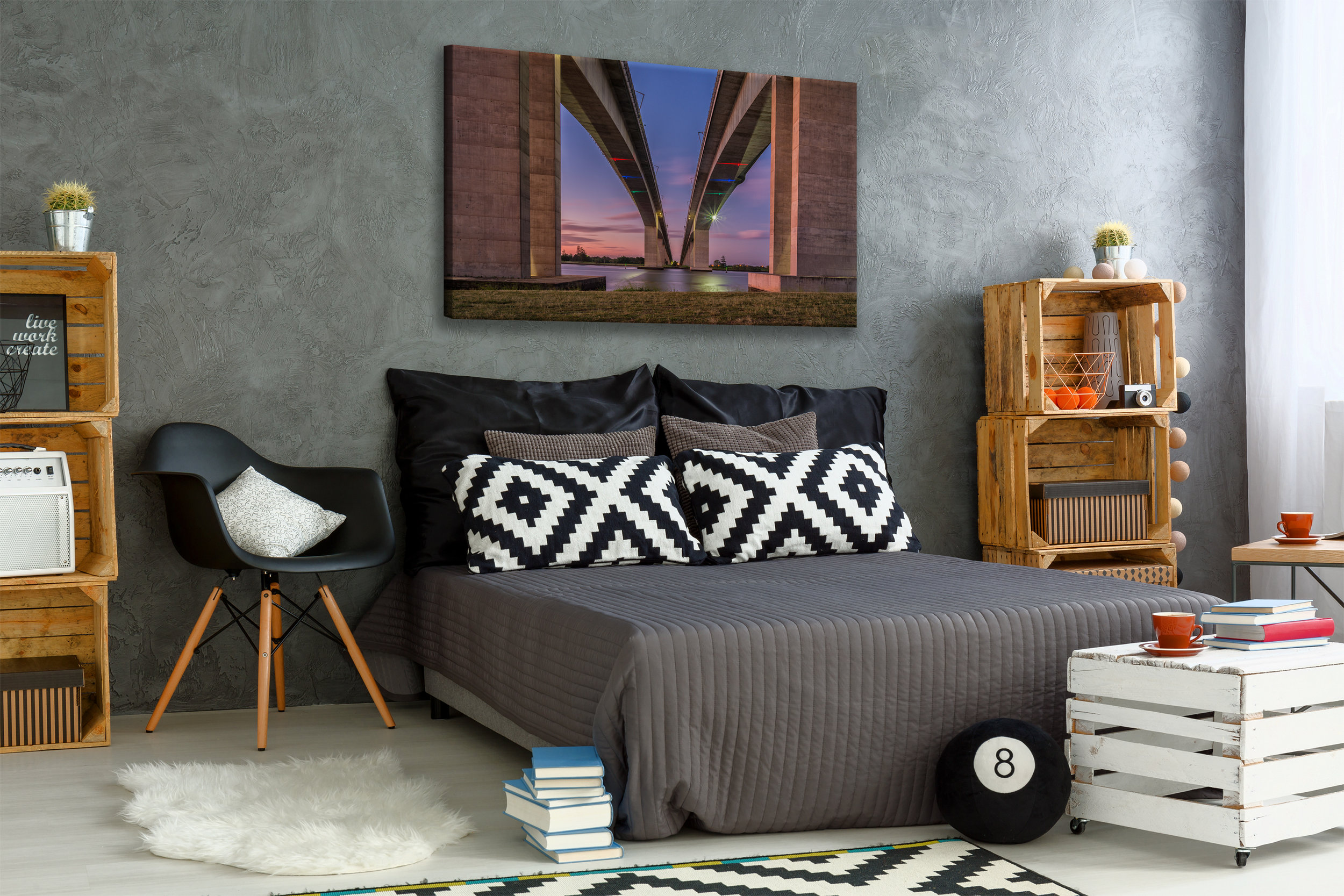 New bedroom with creative, DIY furniture